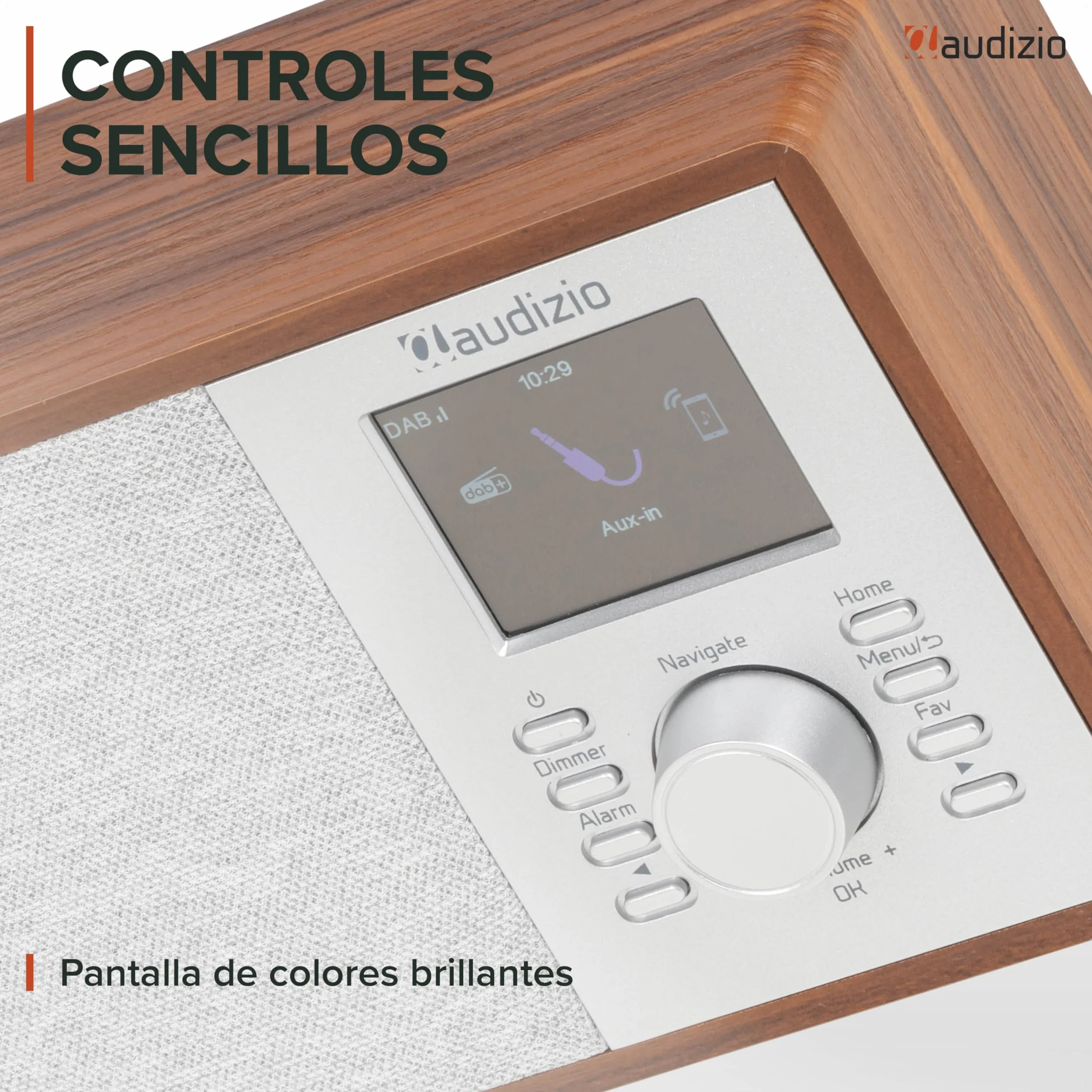 Audizio Cosa – Radio Dab+ FM Internet con Bluetooth 5.2, WiFi, 30W, Pantalla Color 2.4", Altavoz Radio Bluetooth con Entrada AUX y Salida Auriculares para casa y Oficina, Color Madera