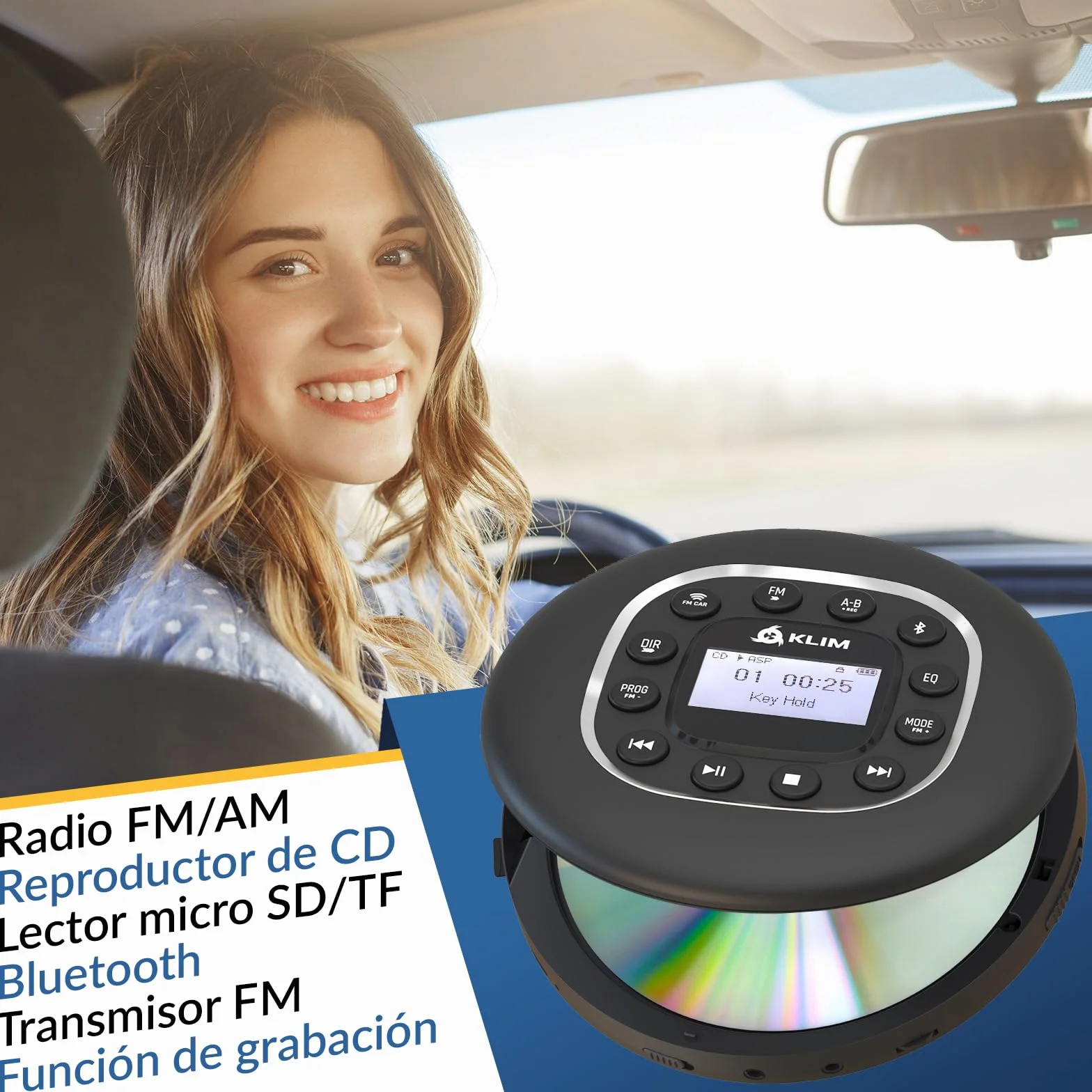 KLIM Journey Reproductor de CD Portátil con Radio FM, Bluetooth, MP3, SD Card y Auriculares