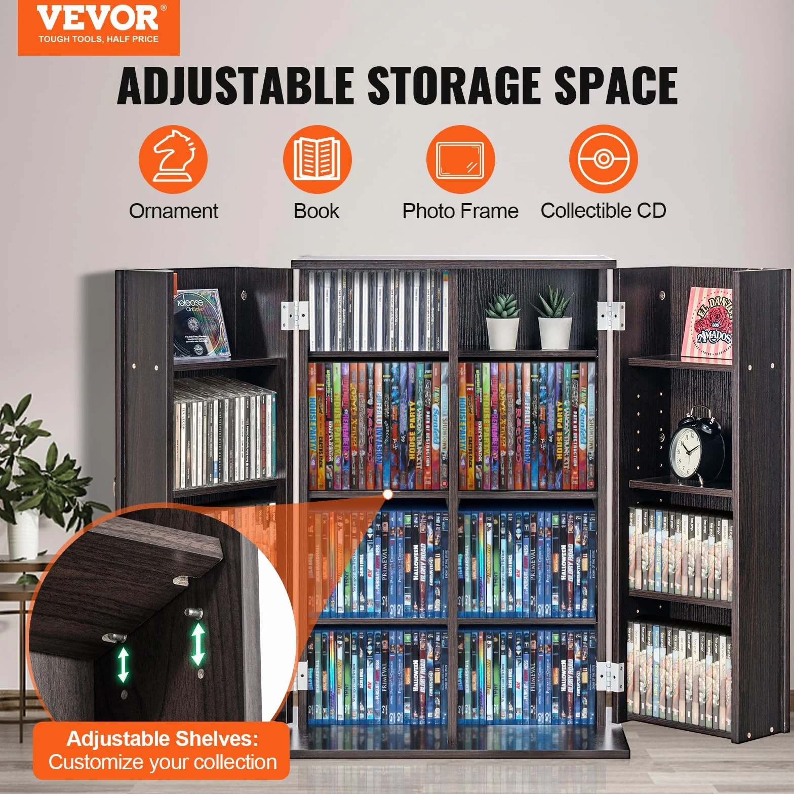 VEVOR Mueble de Almacenamiento Multimedia Mueble para DVD con Puertas y Estantes Capacidad para 576 CD Estante Ajustable de DVD para Películas, Videojuegos o Colecciones, Color de Café Expreso