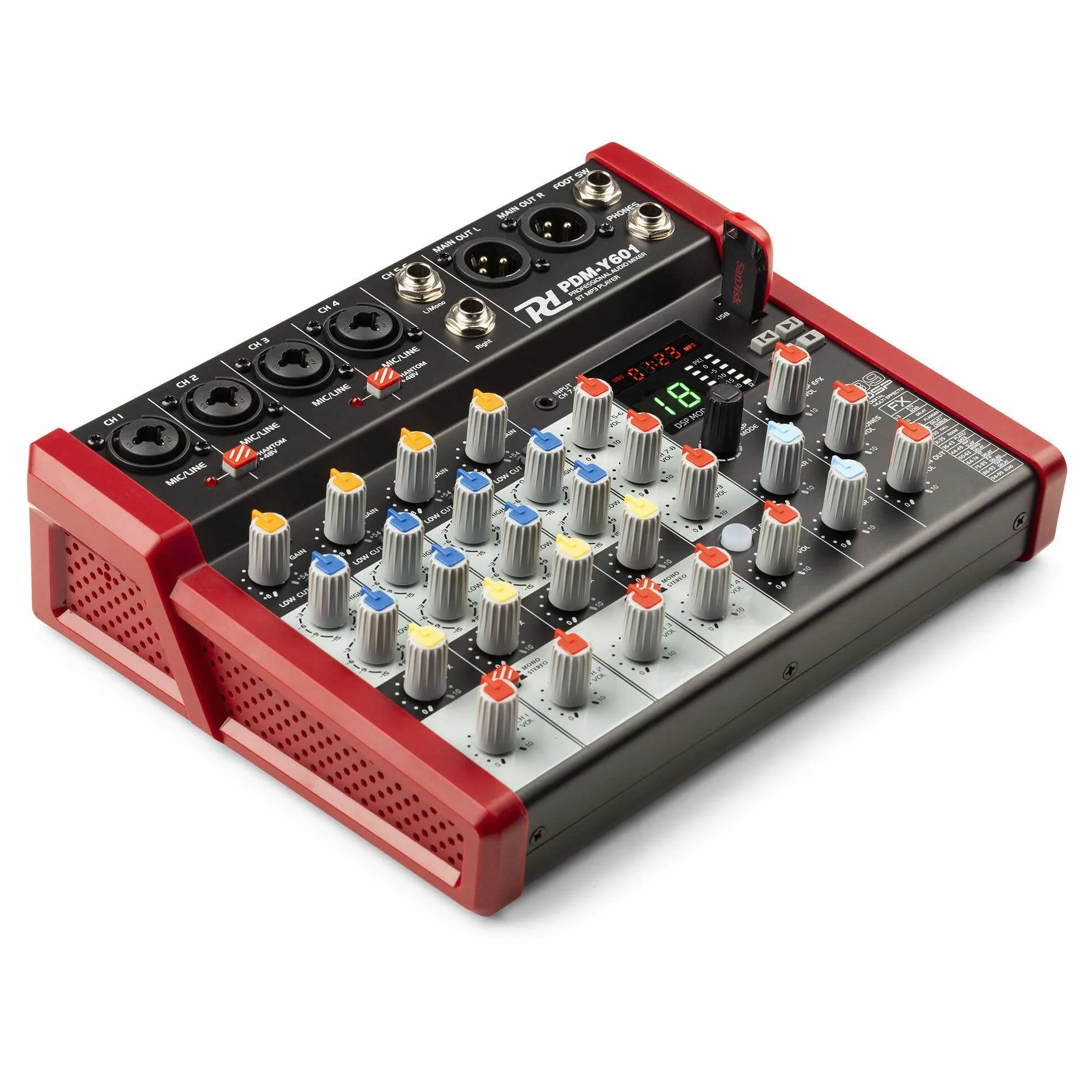 Power Dynamics PDM-Y601 Mezclador de audio 6 canales. Mesa de mezclas con Bluetooth, alimentación phantom de 48 V, USB-C. Mezclador de audio para estudio, 99 efectos DSP, 24 bits, 48 kHz, Jack, XLR