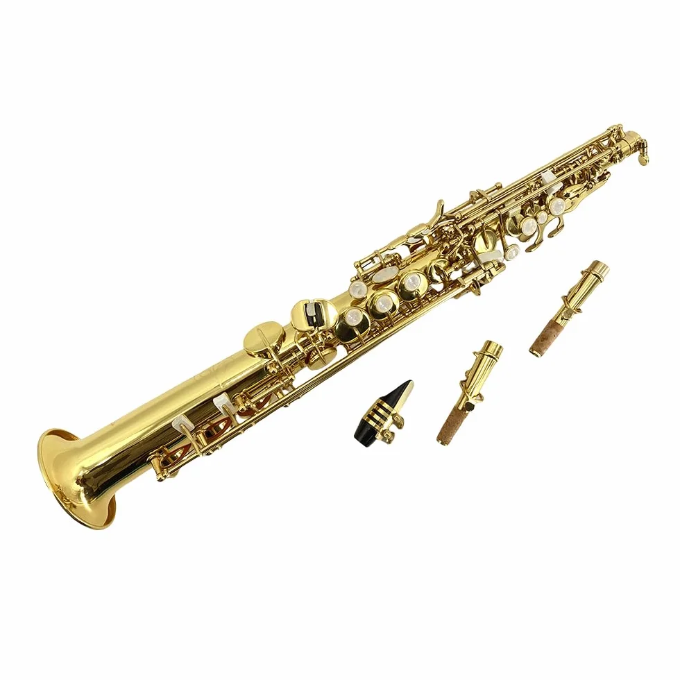 Saxofón soprano recto Bb, acabado lacado dorado, diseño ergonómico con funda, boquilla, correa para el cuello y accesorios, ideal para principiantes y jugadores avanzados