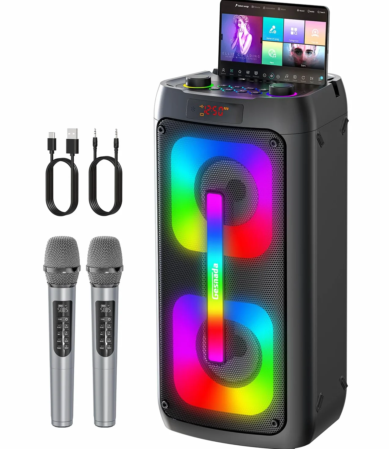 Máquina de Karaoke 2 microfonos inalambricos,Altavoz Karaoke Profesional Completo,Bluetooth portátil con Luces LED,Sistema PA,para Fiestas,Regalo,al Aire Libre,soporta Bluetooth/TF/USB/AUX/TWS