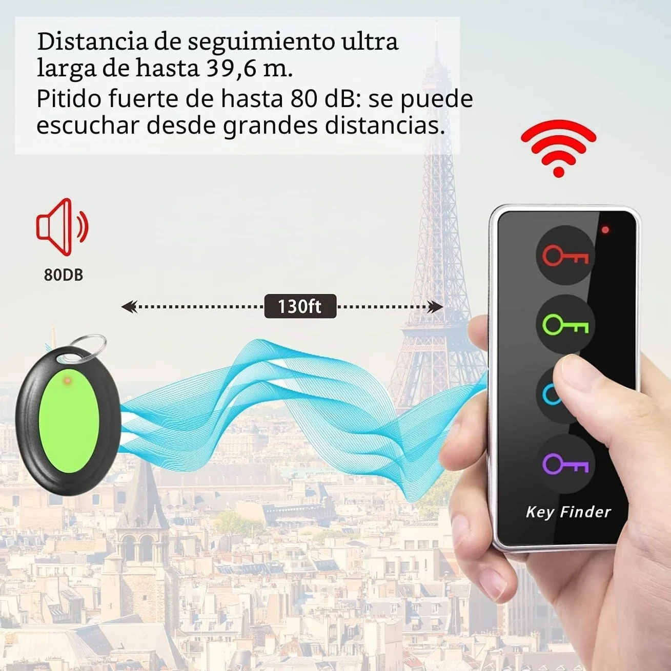 Reyke Buscador de Llaves, localizador inalámbrico de artículos de 80 dB RF con Rango de Trabajo de 100 pies, buscador Remoto con Linterna LED, Soporte Base para Llaves, Cartera, teléfono y Mascotas