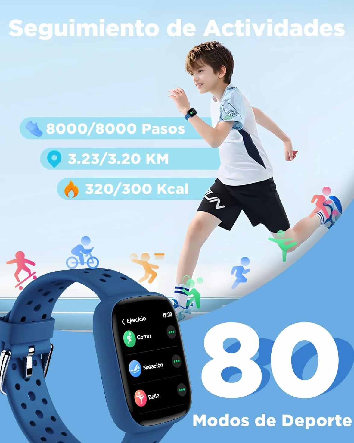 BIGGERFIVE Pulsera Actividad Niños Niñas 5-16, 1,8" Reloj Inteligente Podómetro, Frecuencia Cardíaca, Monitor de Sueño, Resistente al Agua IP68, Despertador, Juegos de Rompecabezas con/sin App, Azul