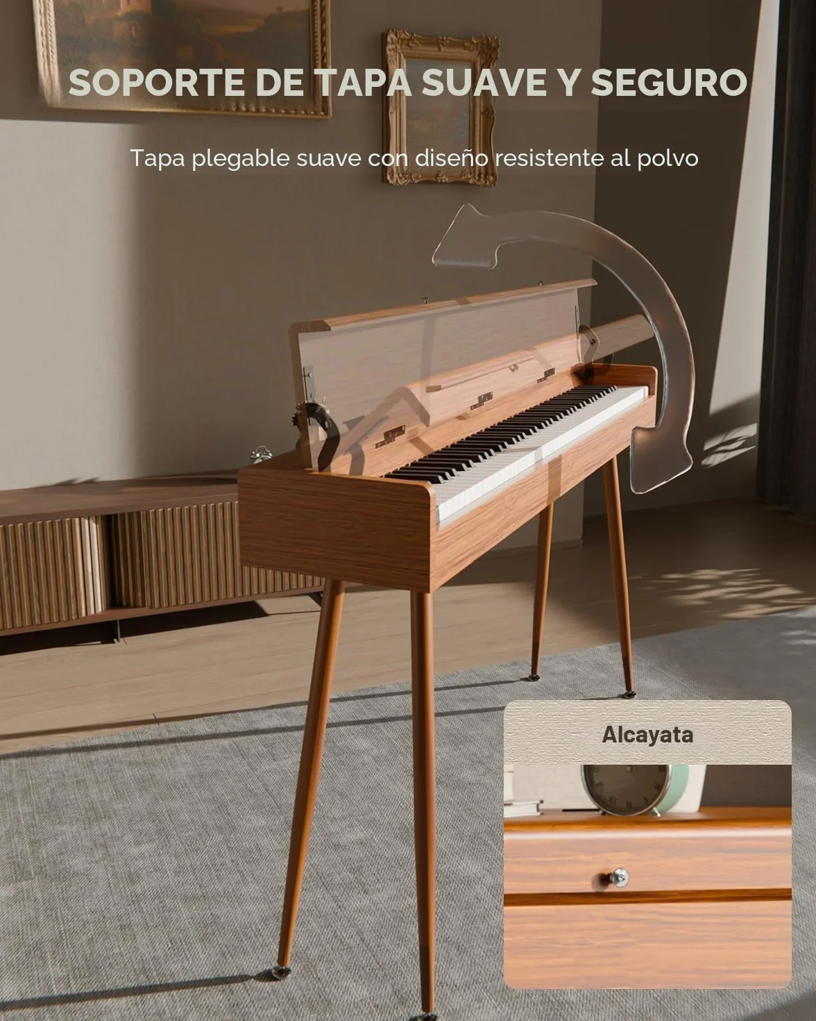Eastar EUP-100 Piano de Teclado Contrapesado 88 Teclas, Piano Digital para Principiantes,con Funda, Auriculares, Pegatinas Musicales, Tres Pedales, Conexión Inalámbrica, Grabación, MIDI- Madera Retro