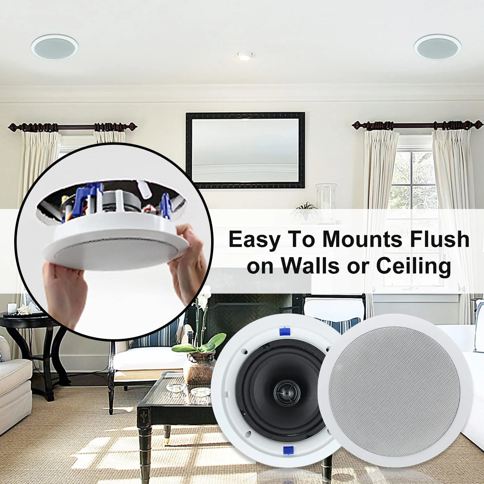 Herdio Altavoces de Techo de 6.5 Pulgadas, Altavoces de Techo de 2 vías de 320 W, Cocina, baño, Sala de Estar, un par