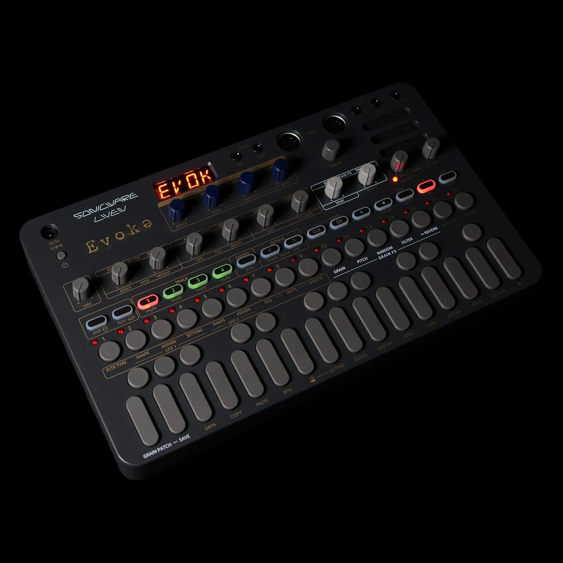 Sonicware Liven Evoke [Sintetizador Acoustronic con efecto granular] - Sintetizador portátil para producción musical ambiental cinematográfica y posclásica, alimentado por batería
