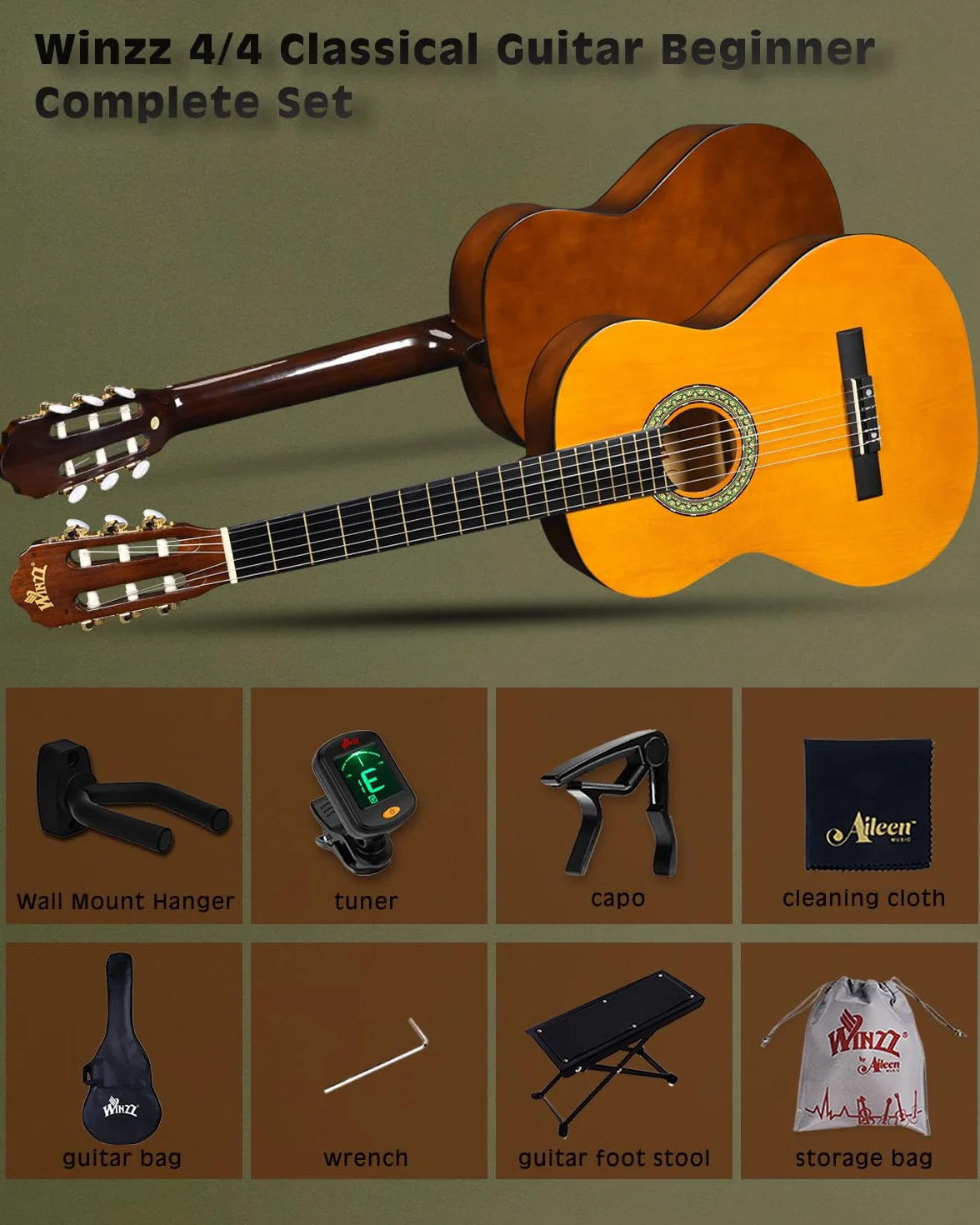 Winzz Guitarra Clásica 4/4 Starter Kit 39" para Principiantes con Reposapiés, Soporte con Ganchos de Pared, Diapasón, Afinador, Funda, Paño de Pulir - 6 Cuerdas de Nylon, Amarillo Brillante