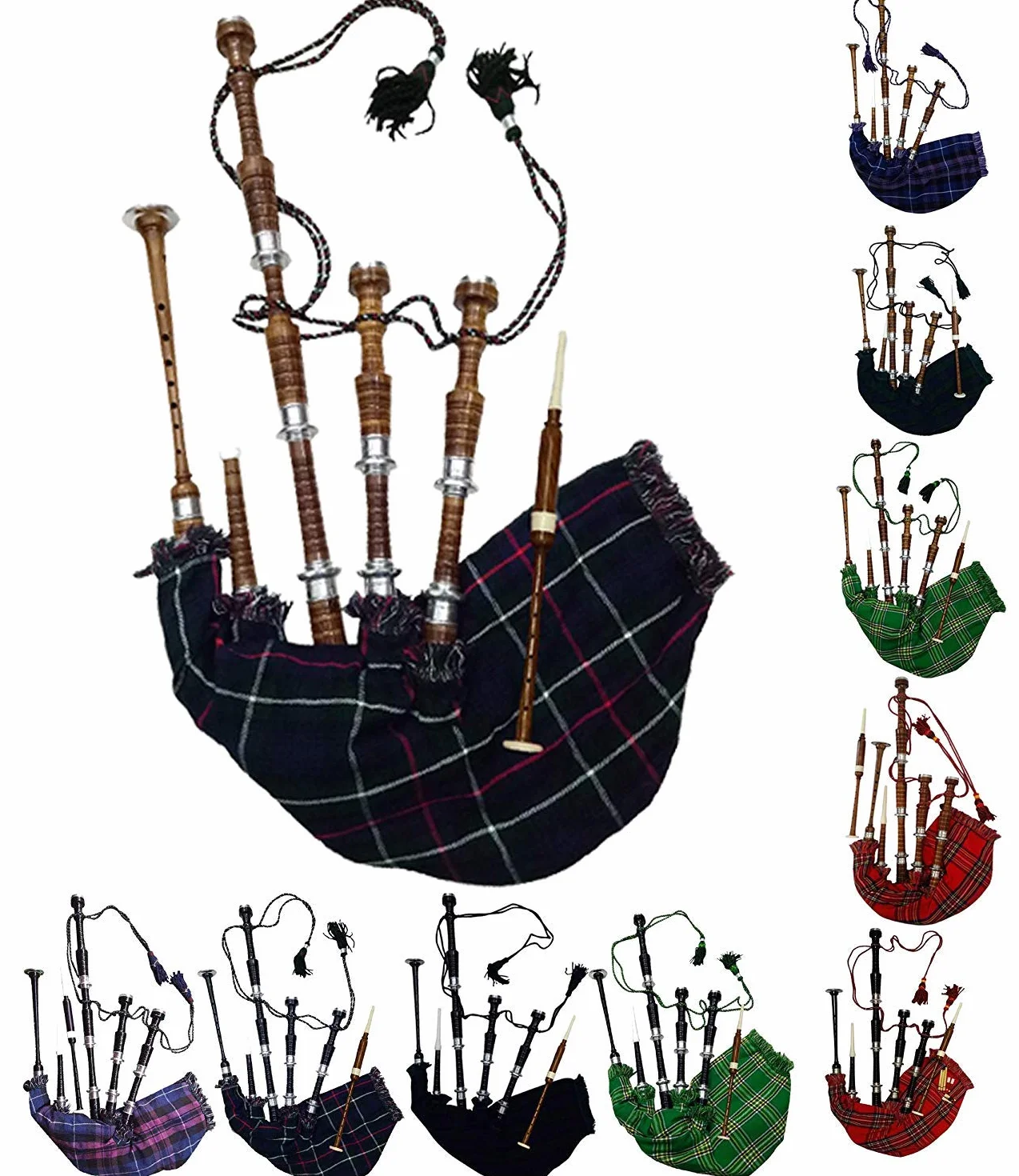 Gaita escocesa de tamaño completo con acabado de palisandro o marrón con soportes plateados lisos, libro tutor, bolsa de transporte, dron, cañas (negro, orgullo de Escocia)
