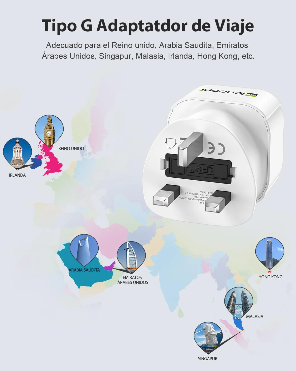 LENCENT 2 Piezas Adaptador Enchufe UK Tipo G de España a Inglaterra, Adaptador 2-Pin Europeo a 3-Pin Reino Unido con Fusible 13A para Irlanda Escocia Britanico Maldivas Gran Bretaña Londres