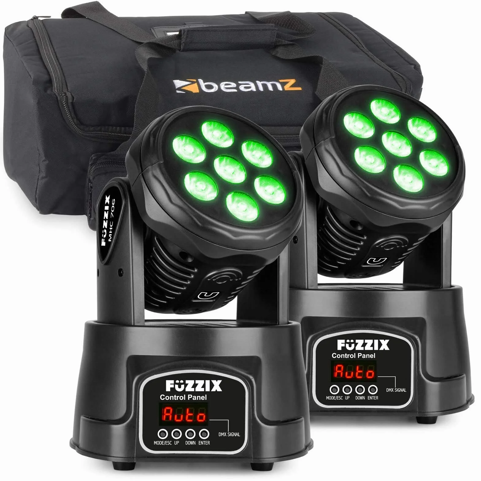 Fuzzix MHC706 juego 2 cabezas móviles LED RGBW con bolsa, 7 LED por unidad, haz 19°, modos DMX/auto/sonido, luces efecto wash compactas para DJ, fiestas o eventos