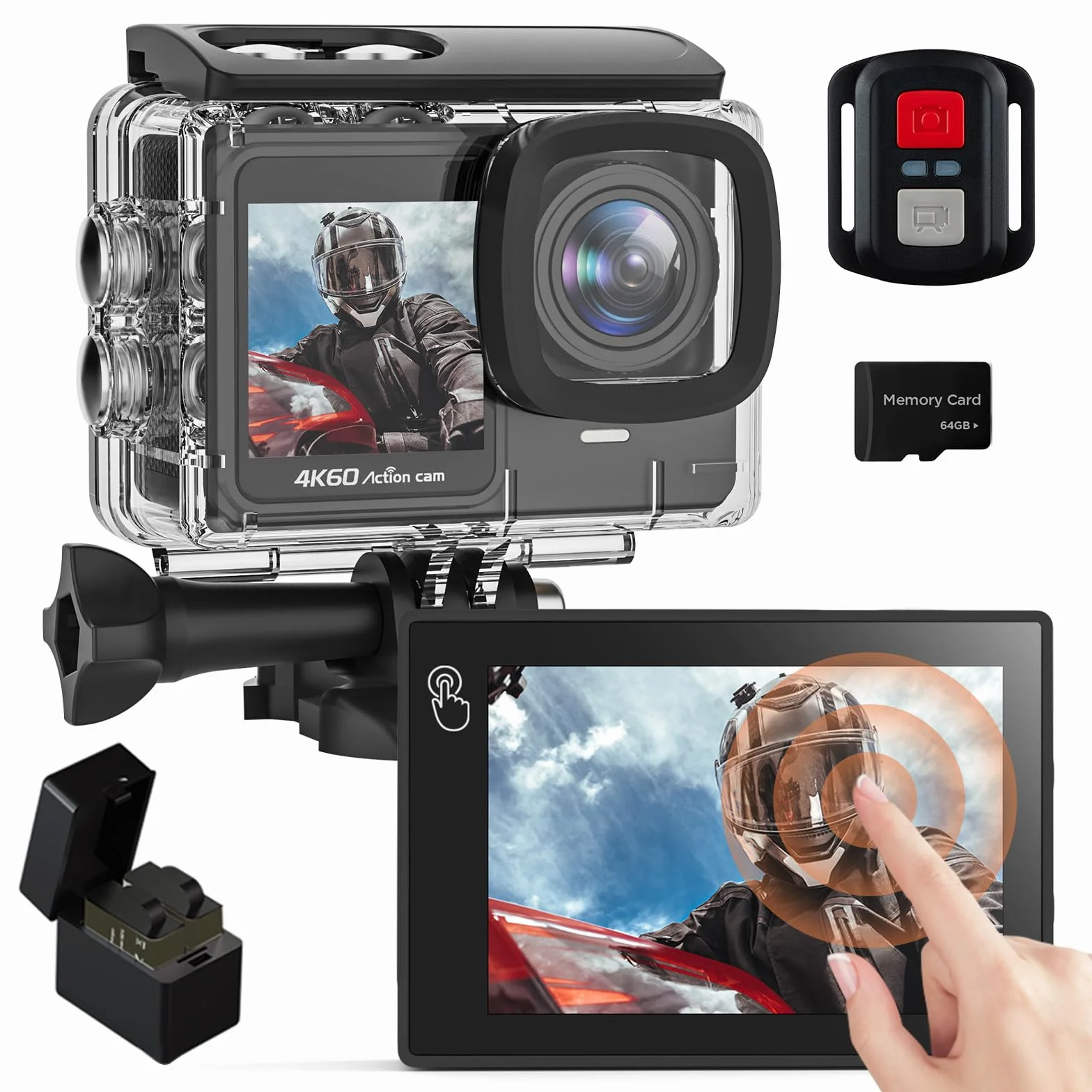 Cámara Deportiva 4K 60FPS con 64GB Tarjeta SD, 131FT Acuática, 24MP HD, 8X Zoom WiFi, 2x1350mAh Baterías