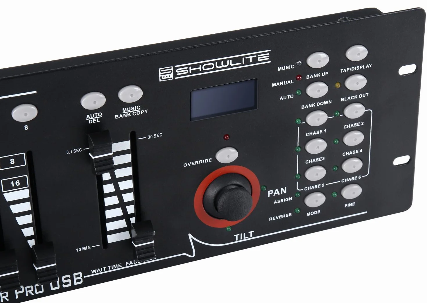 Controlador DMX Showlite Master Pro 192 canales, control profesional de iluminación, conexión USB para datos, hasta 240 memorias de escenas, entrada MIDI estándar de 5 pines.