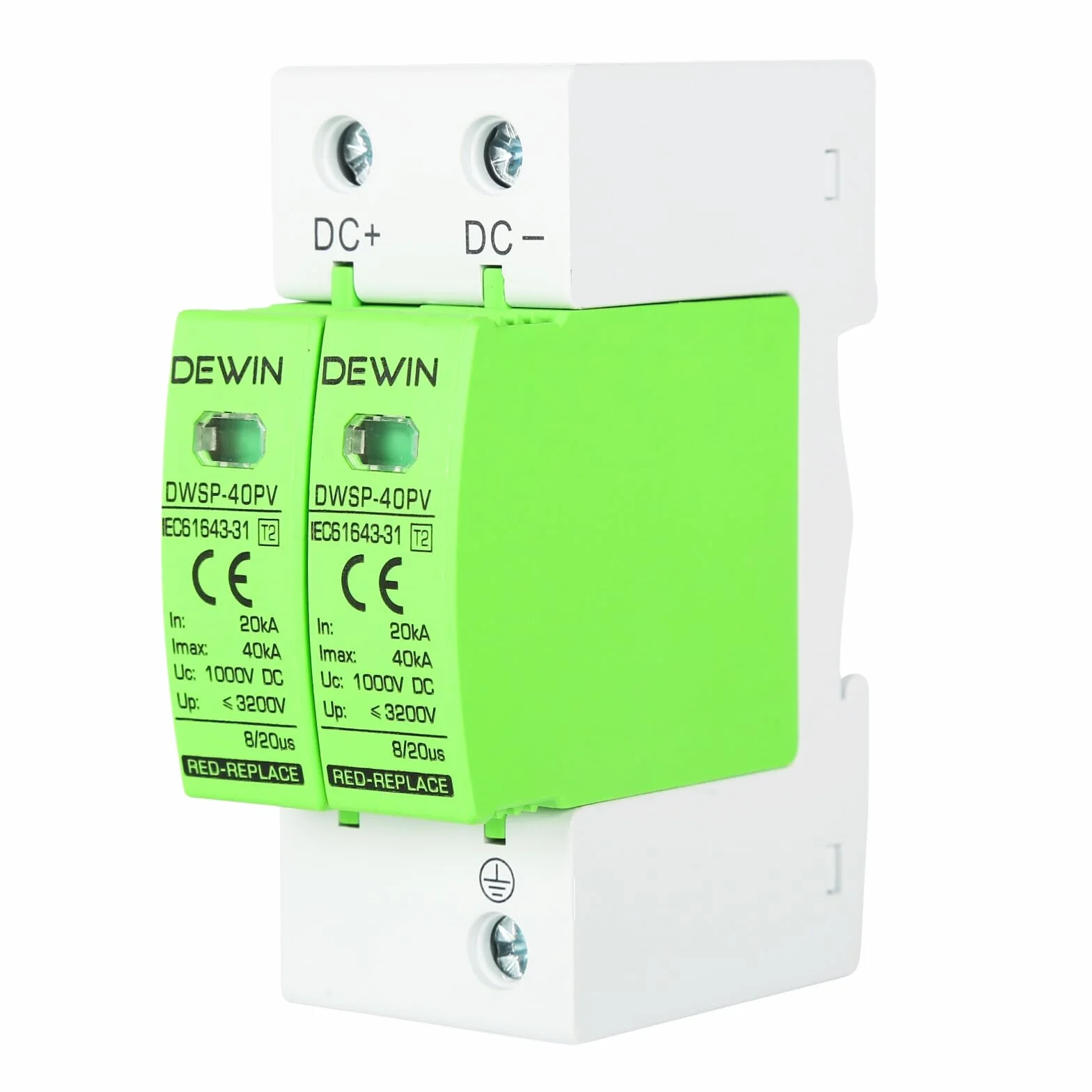 DEWIN Dispositivo de protección contra sobretensiones, 2P 40KA Dispositivo de pararrayos fotovoltaico DC 1000V Protector contra sobretensiones Dispositivo de protección contra rayos Carril DIN de 35mm