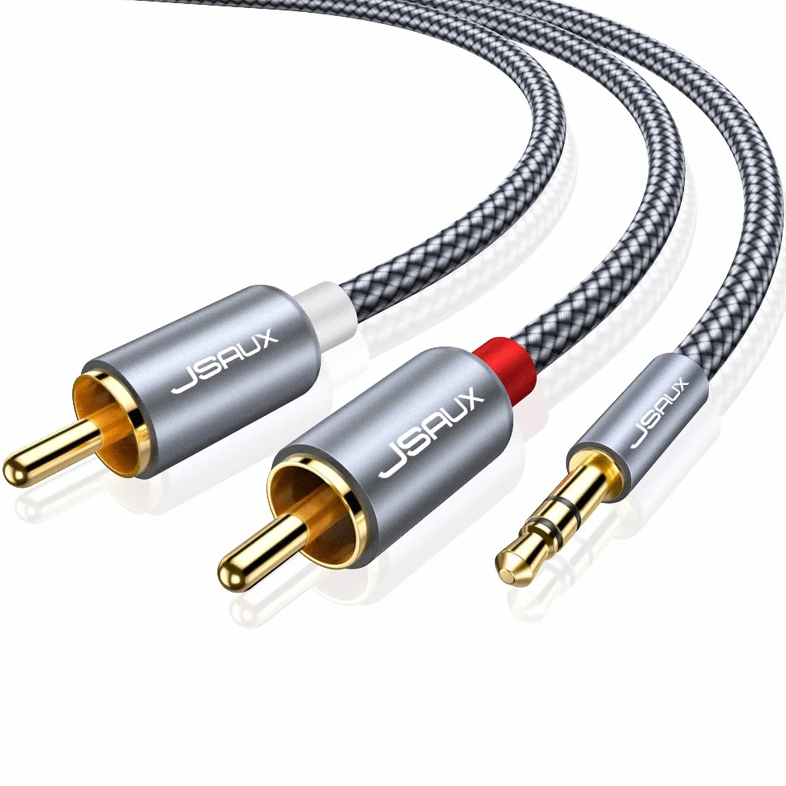 JSAUX Cable RCA a 3,5 mm de 6,6 pies, adaptador macho a macho, cable trenzado de nailon 1/8 para smartphones, MP3, tabletas, altavoces, HDTV, color gris