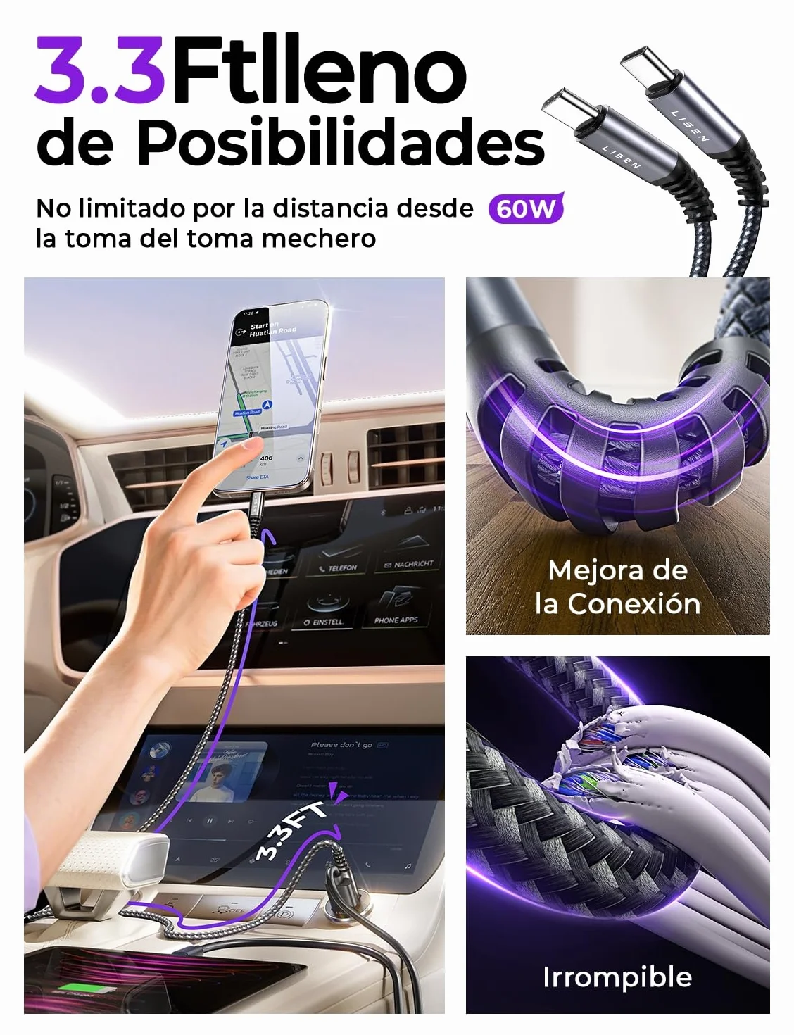 LISEN Cargador Coche Carga Rápida USB C 69W+60W Cable 12/24V para iPhone 17 16 Samsung S26 Kindle iPad
