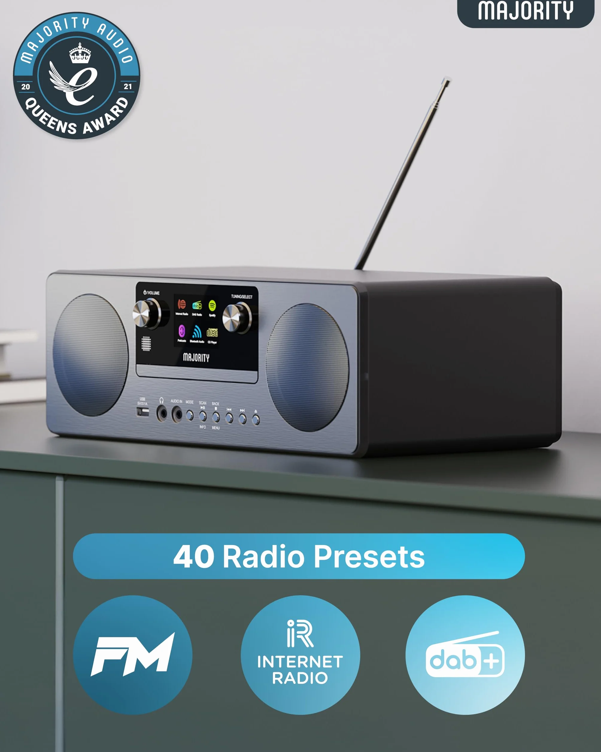 MAJORITY Humboldt Internet Radio Dab+ Reproductor de CD Sistema de Música I Spotify Connect I Bluetooth I Podcasts I Reloj Despertador Dual