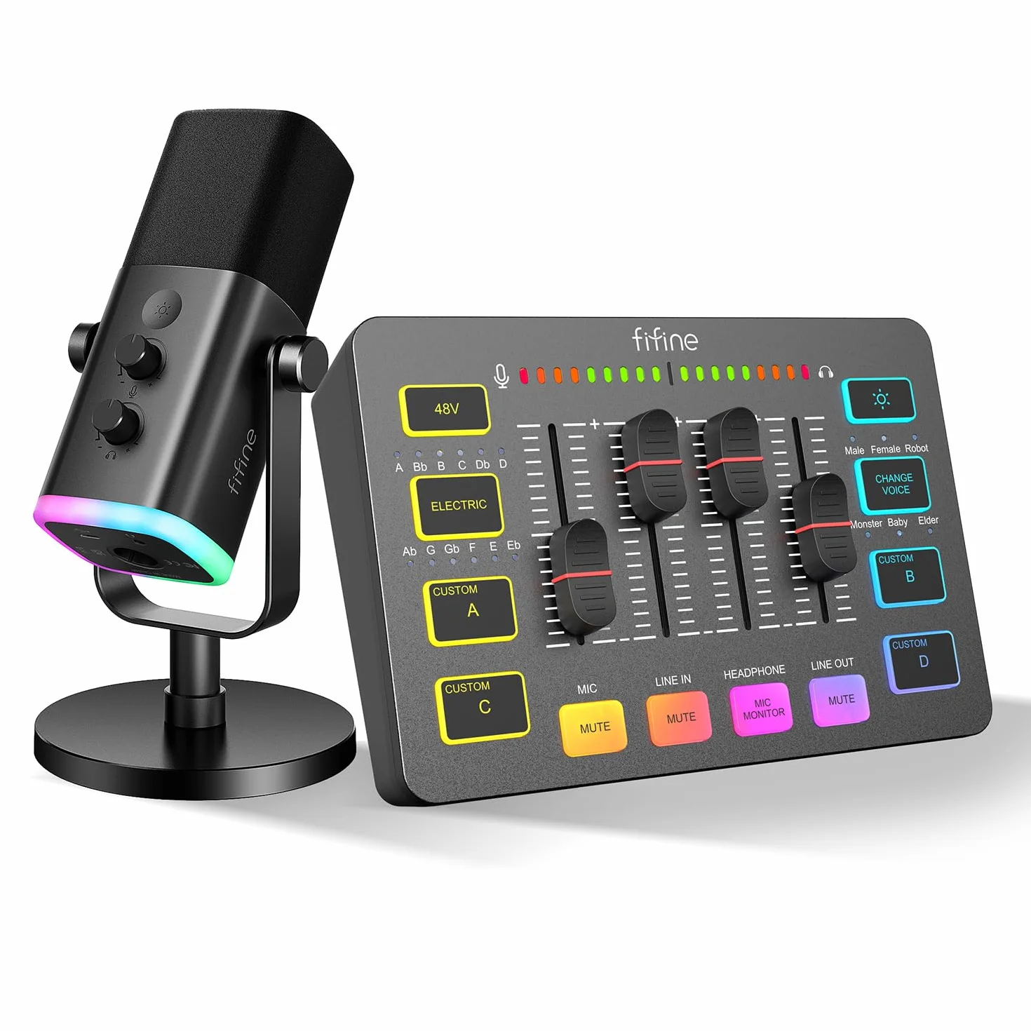 FIFINE XLR Streaming Micrófono Dinámico de Podcast, Mezclador de Audio, RGB Streaming Gaming Audio Mixer PC con Interfaz de XLR (AM8 + SC3)