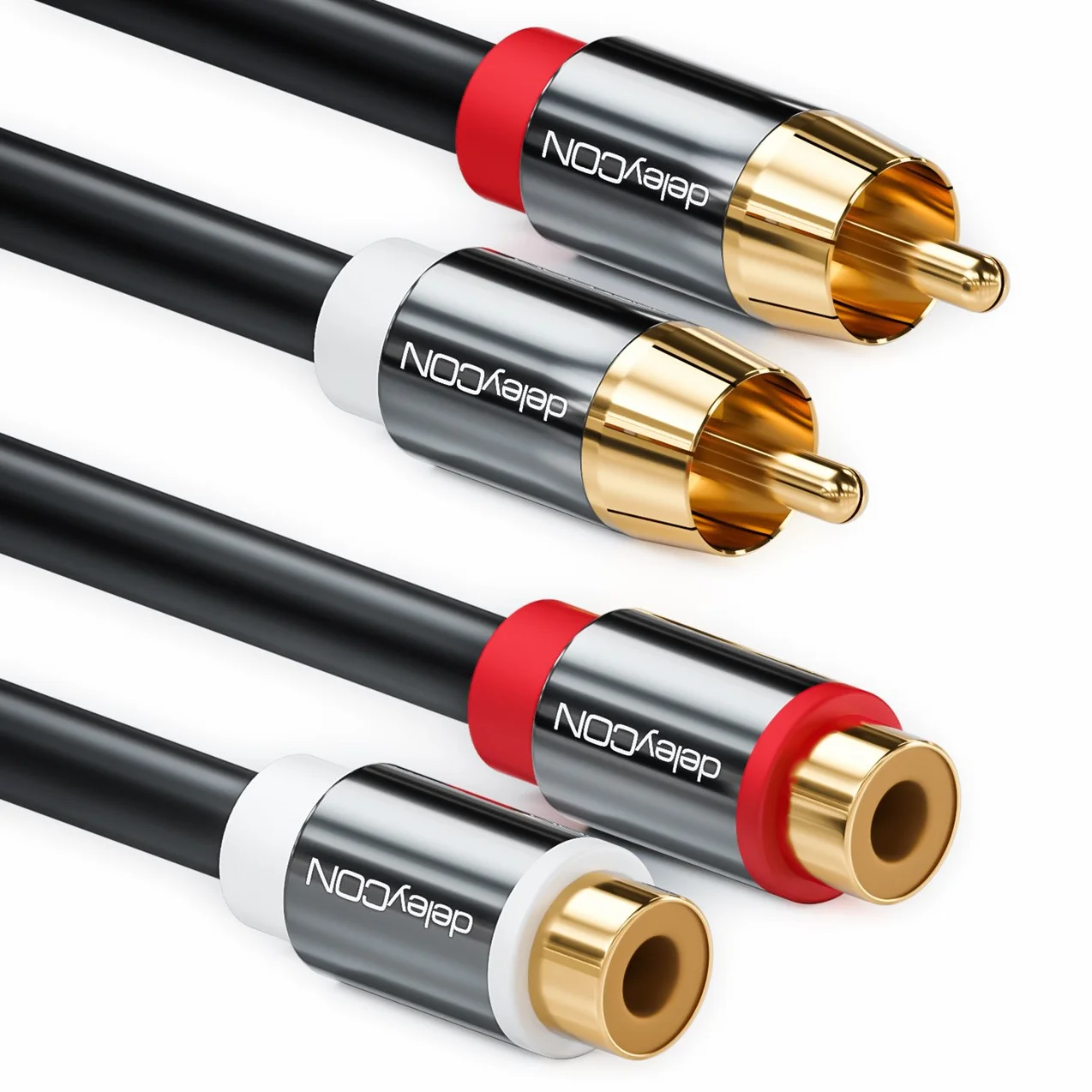 deleyCON 15m Cable Extensión Audio Estéreo Cinch RCA 2x Conector a 2x Hembra Metálicos Dorados Negro