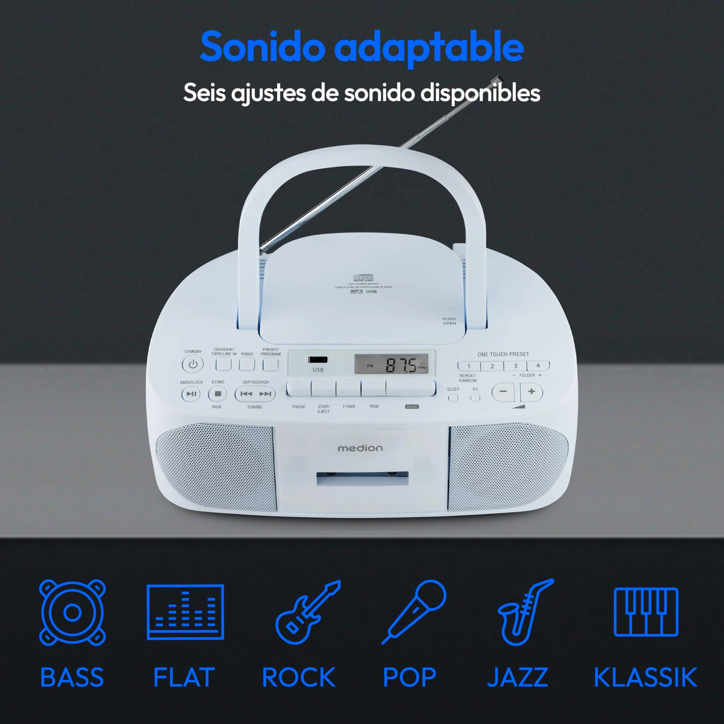 MEDION E65010 Radio estéreo (Reproductor de CD, Casete, conexión USB, Entrada de Audio AUX, reproducción MP3. Radio FM PLL, Memoria para 40 emisoras, Funcionamiento con Pilas, Mando a Distancia) Azul