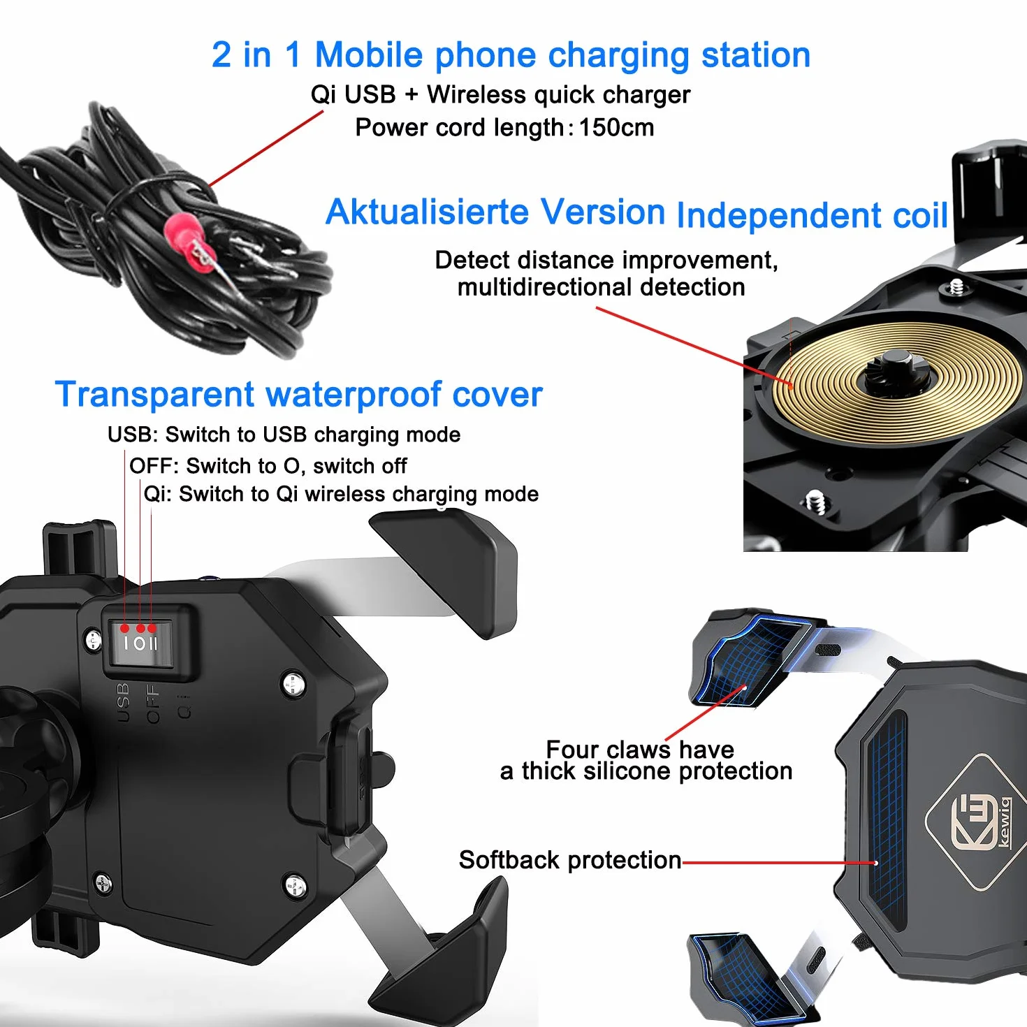 Jeebel Soporte para Teléfono de Motocicleta, 2 en 1 QI Inalámbrico QC 3.0 USB con Rotación 360° Ajustable para 4-7 Pulgadas