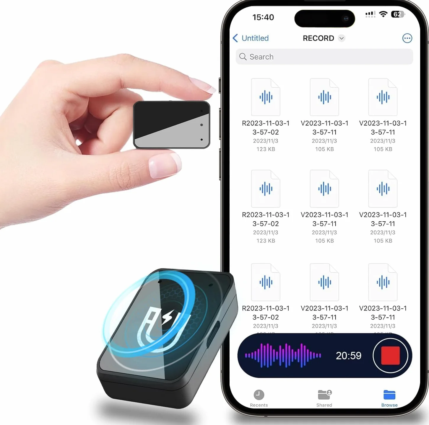Grabadora de voz magnética de 16 GB con reducción de ruido, puerto USB-C recargable para estudios, conferencias, reuniones, entrevistas, grabadora de audio portátil con auriculares, fácil de usar