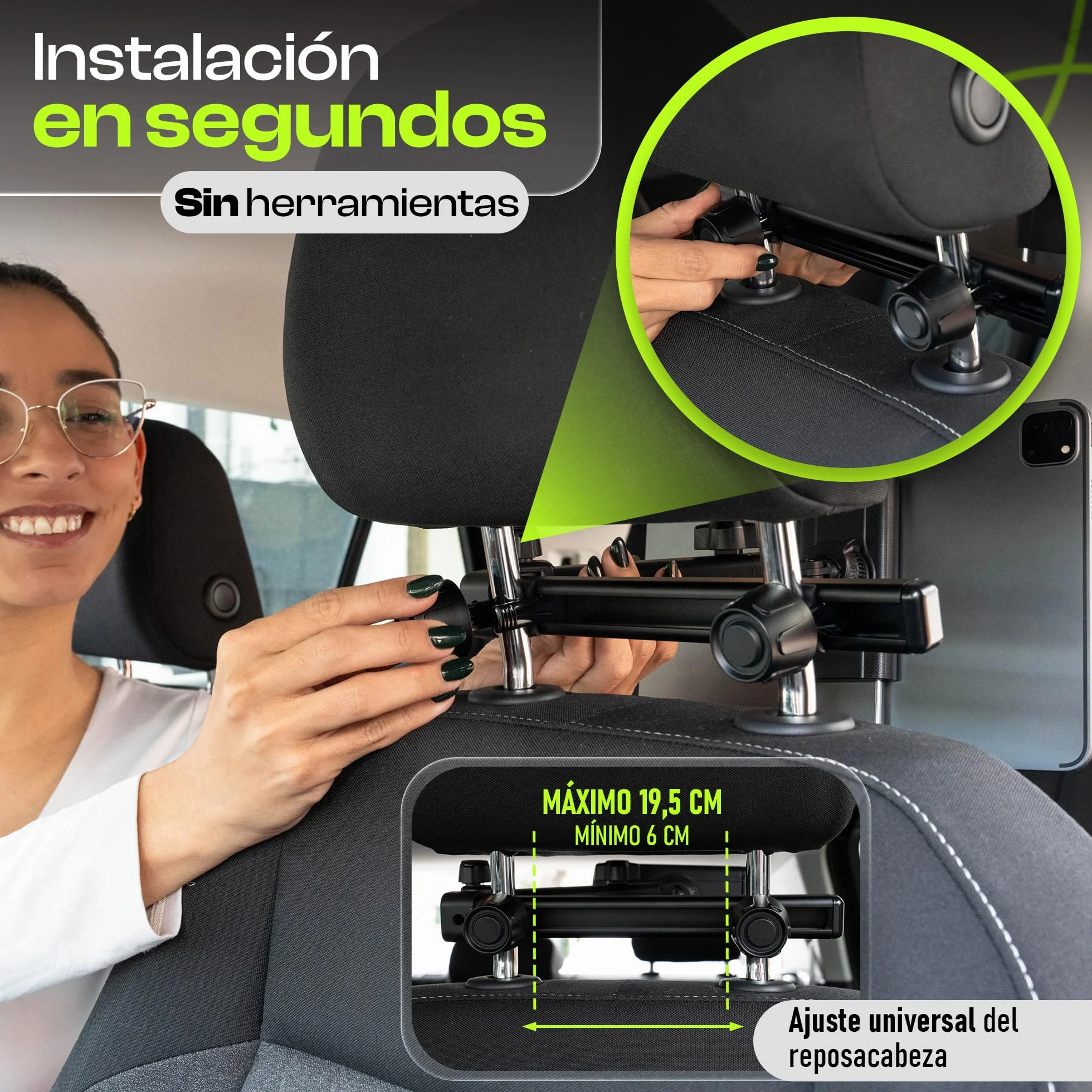 Soporte Tablet Coche Reposacabezas - Soporte iPad para Asiento Trasero - Cable 1,2 m Incluido – Brazo Extensible Antivibración 360º – Compatible 4,7″–13″ (Tablet, iPad, Movil)