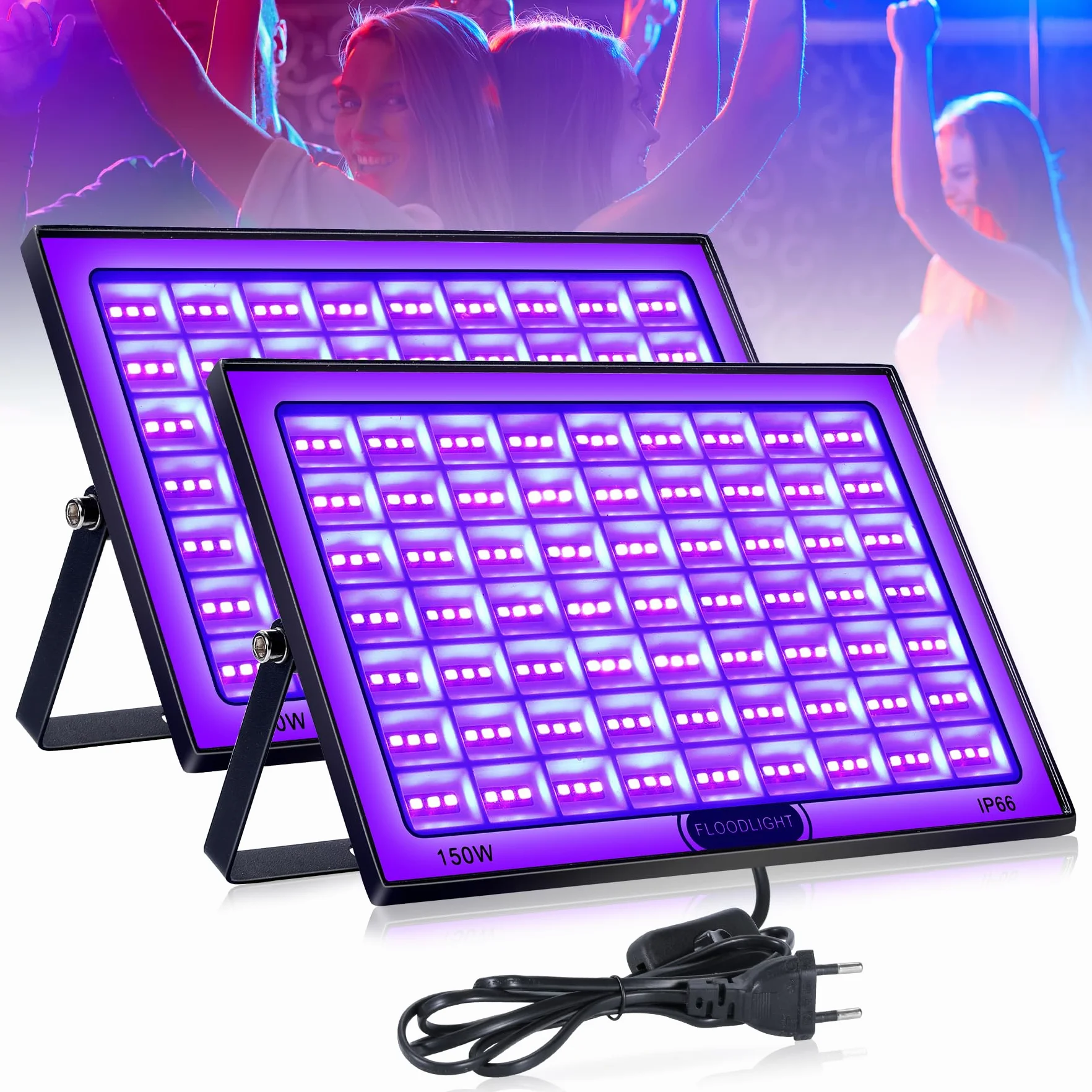 Luz Negra LED 2 Piezas, 150W Luz uv Impermeables IP66, para Disco DJ, Iluminación de Escenario, Fiesta Glow, Decoración De Halloween, Fiesta Fluorescente
