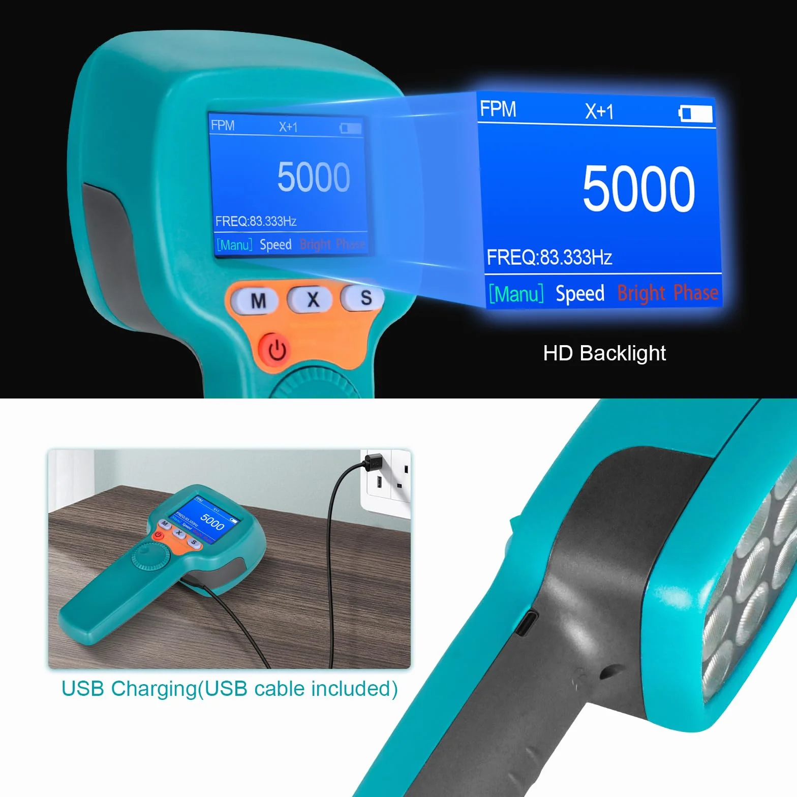 Estroboscopio Digital de Mano 60-99999 FPM, Estroboscopio LED sin Contacto YF-DT100B, Tacómetro Estroboscópico de 1500 lux con Pantalla LCD a todo Color, Velocímetro Estroboscópico 2200 mAh