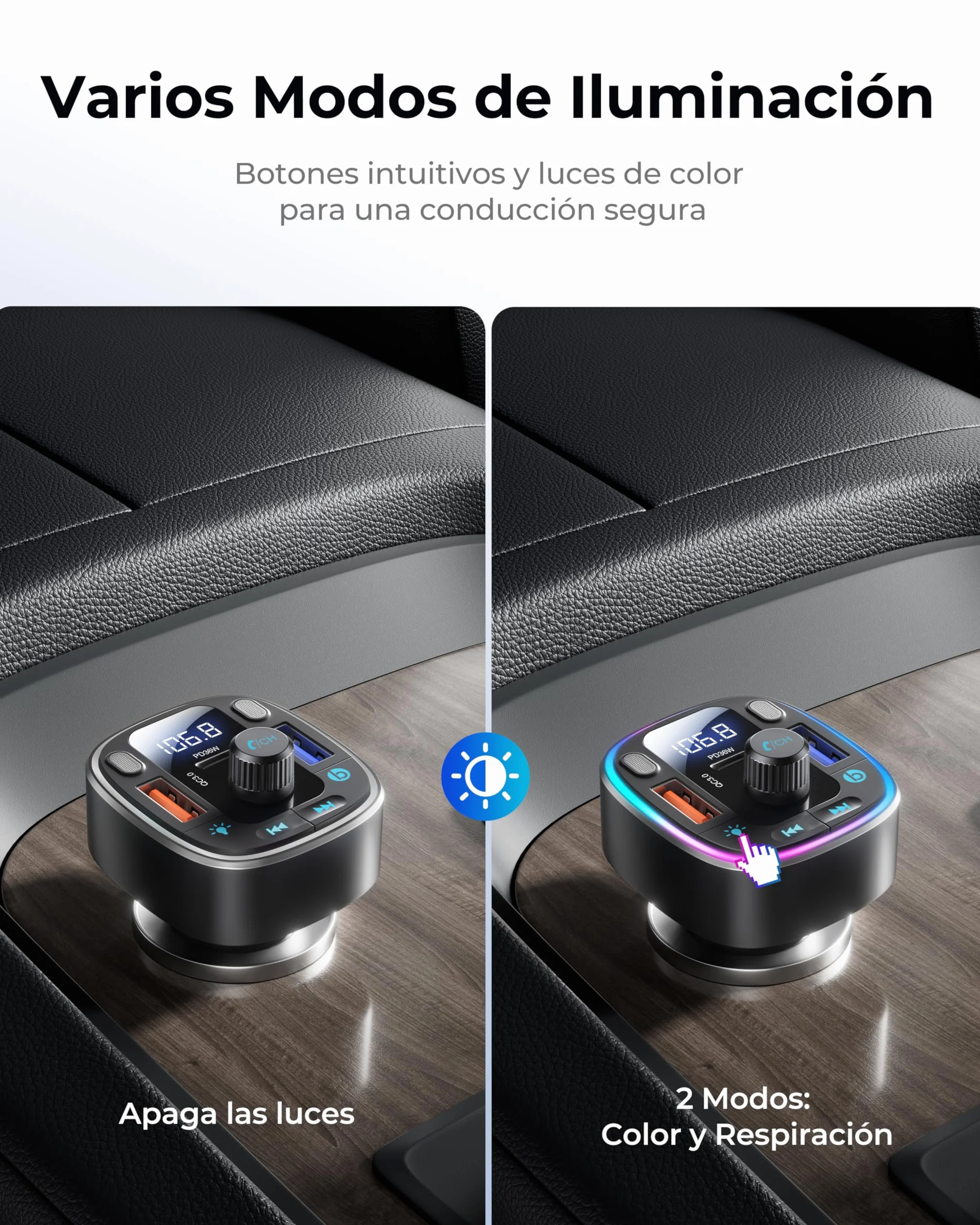 LENCENT Transmisor FM Bluetooth 5.4 Manos Libres Coche con Carga Rápida PD 36W QC3.0