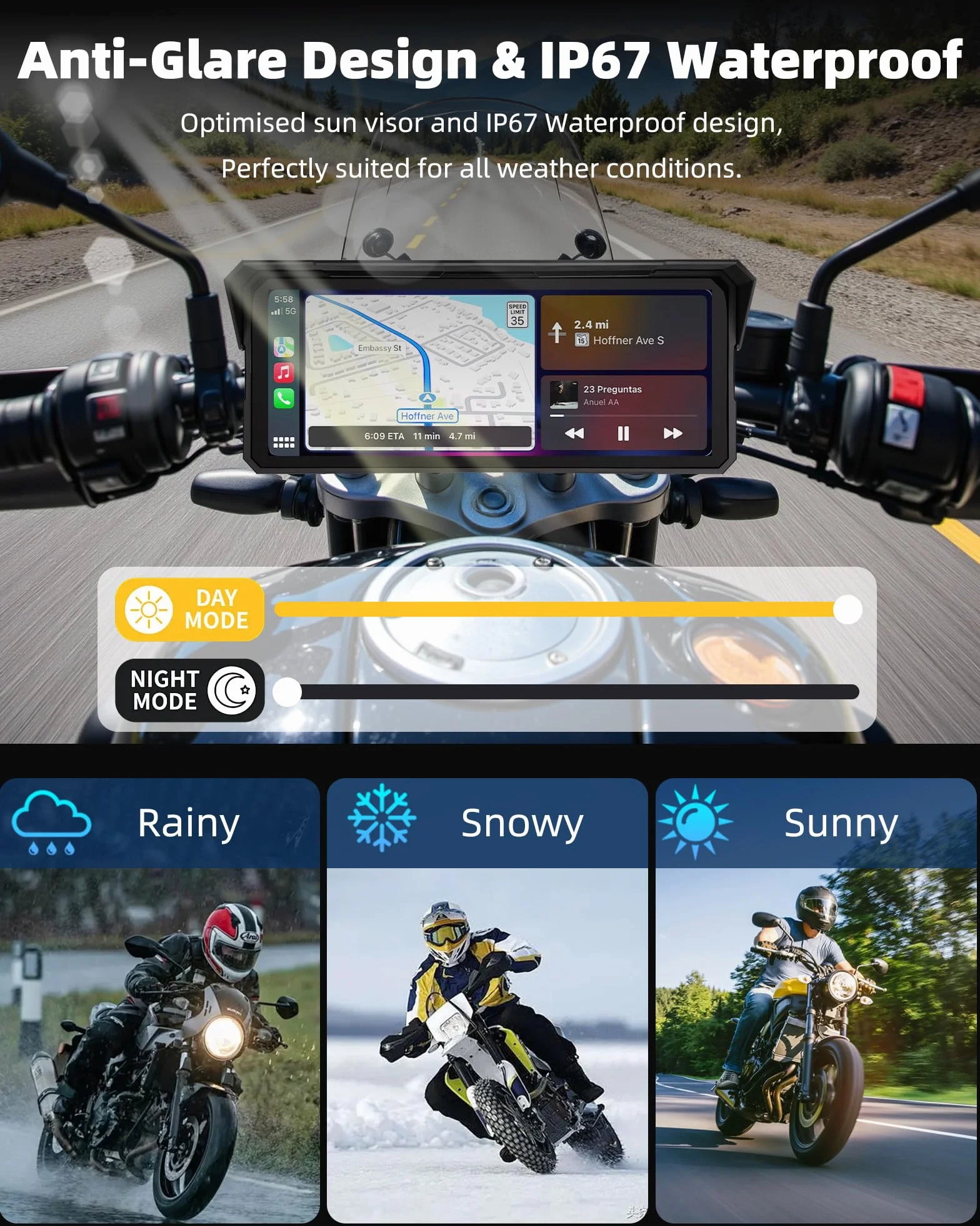 8,1 Pulgadas Pantalla Carplay Moto Android Auto Moto, Pantalla Táctil Resistente al Agua IP67 Navegación GPS para Motocicletas Audio Bluetooth Siri y Asistente de Google