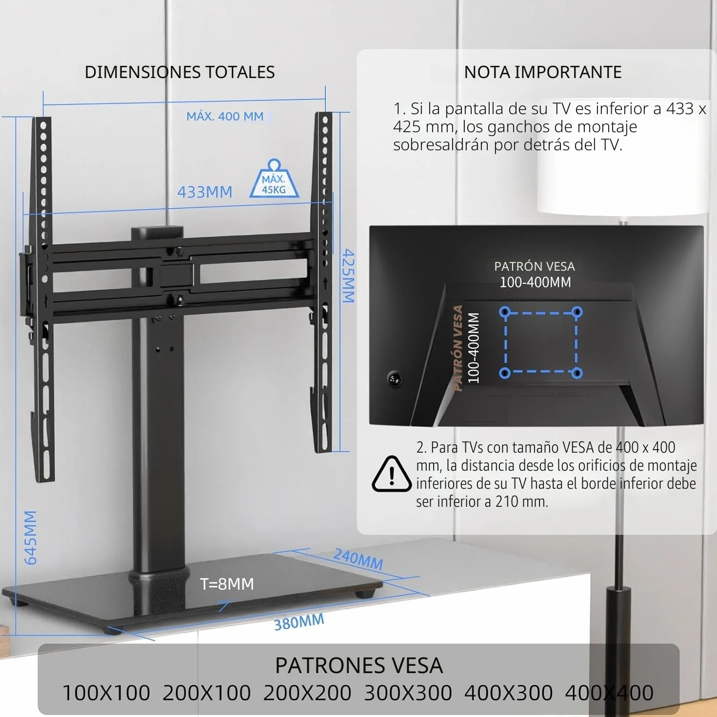 Suptek Soporte TV Pie para Mesa: Base de TV 26-55 Pulgadas Vidrio Templado 8mm Giratorio ±50° Altura Ajustable 45kg VESA 400x400mm