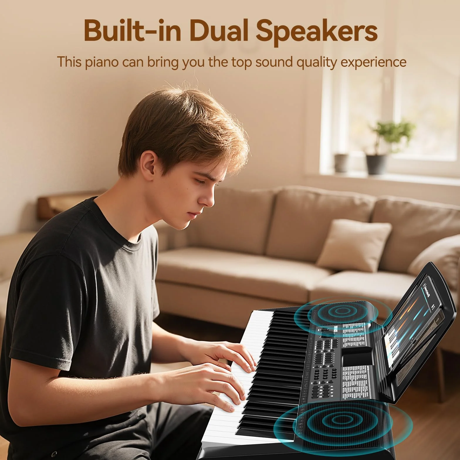 TERENCE piano digital 61 teclas, doble sistema de audio HiFi y panel multifunción 51 LED, interfaz modo doble teclado doble alimentación adaptador batería puertos de audio Pro