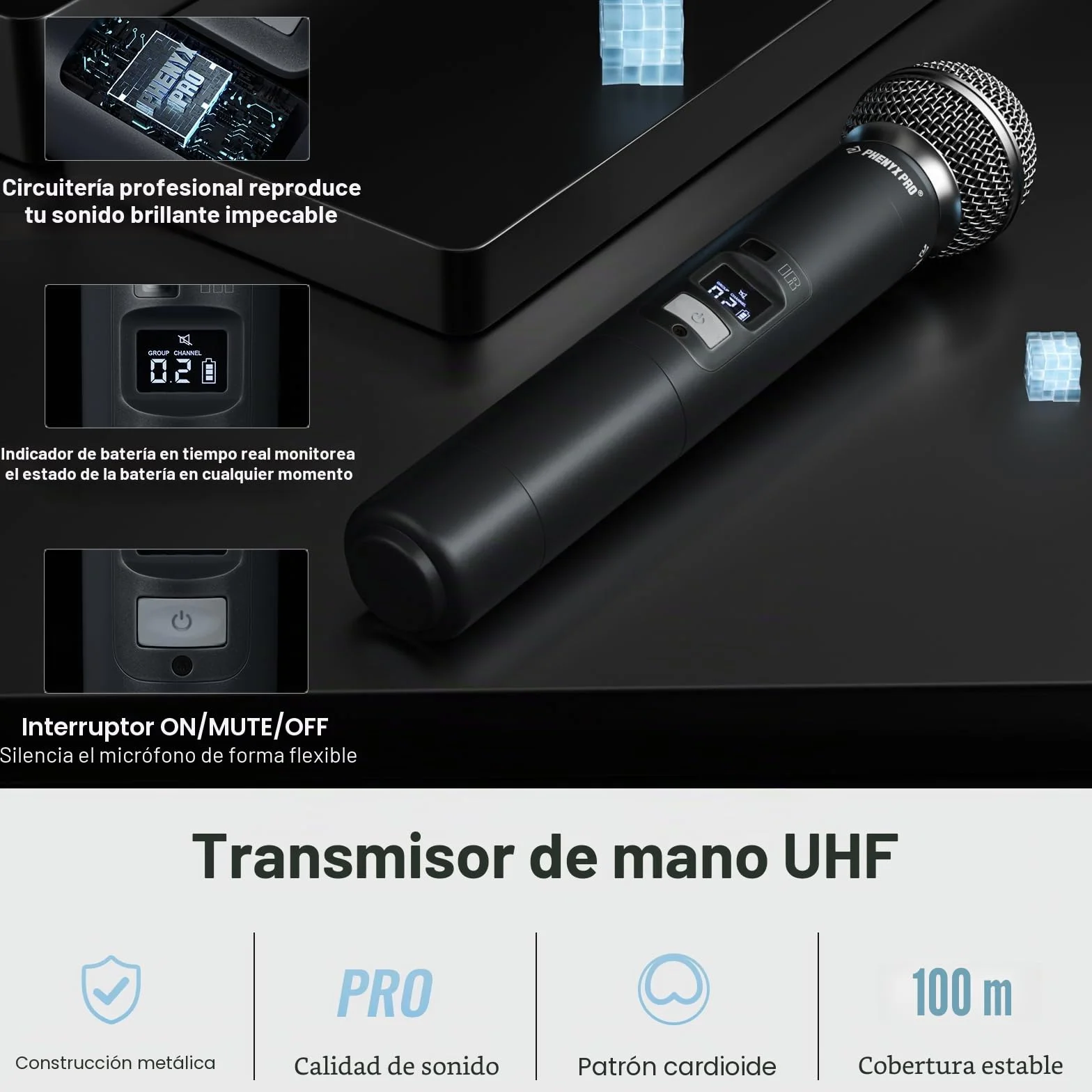 Phenyx Pro Sistema de micrófono inalámbrico, Juego de microfono Karaoke de Doble Canal con Mano/bodypack/Auriculares/Solapa, 2x100 Canales, Ideal para Eventos, Iglesia (PTU-71B)