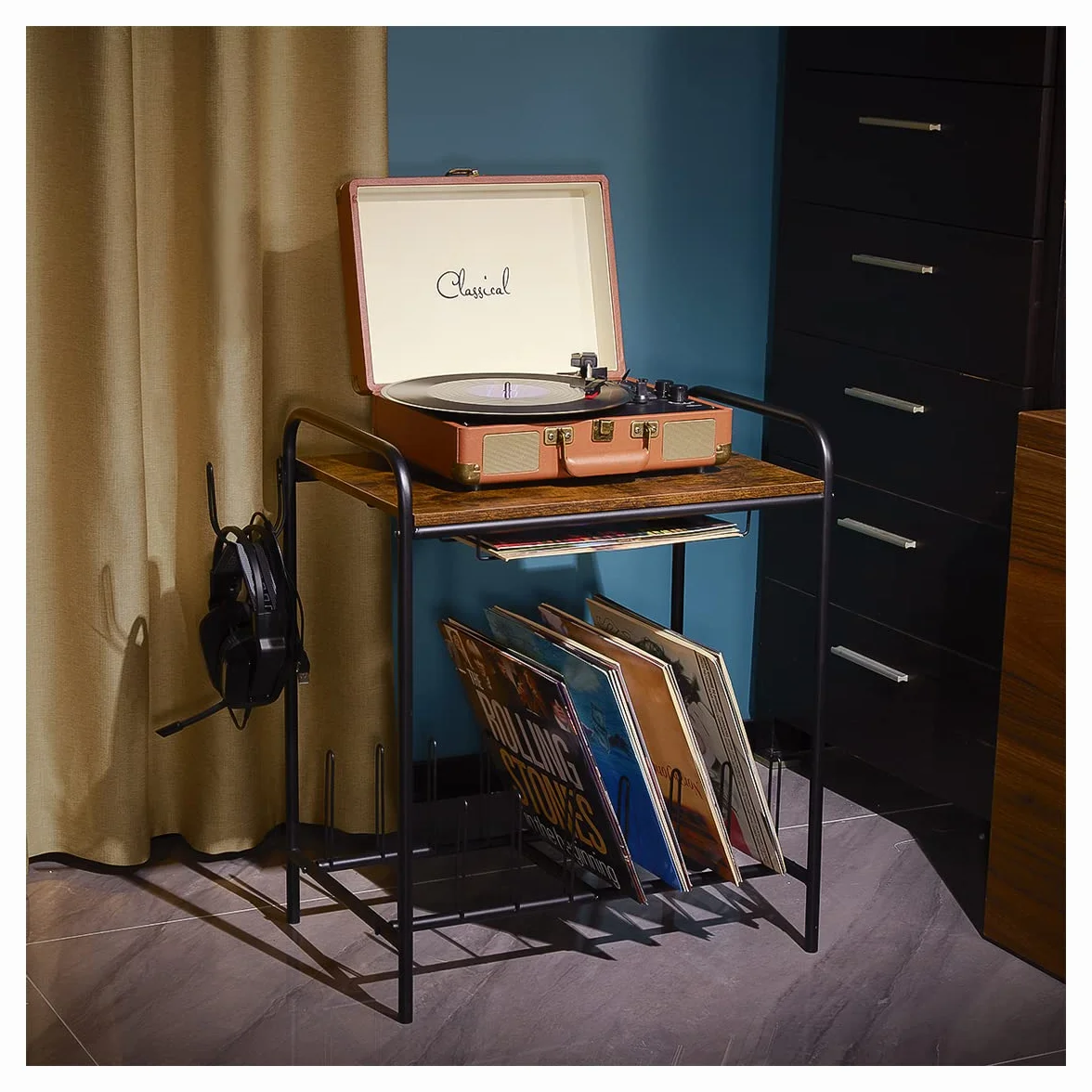 Soporte de madera para tocadiscos de mesa con almacenamiento de discos.