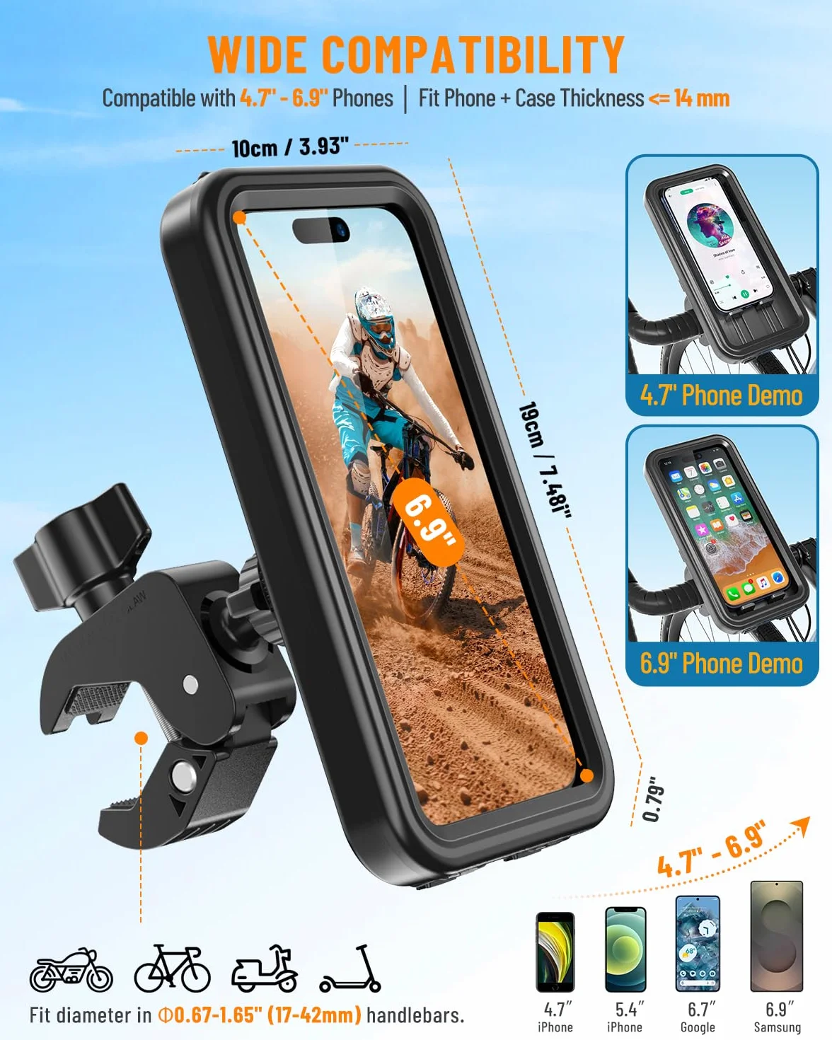 Soporte Móvil Moto Impermeable 360° Rotación para Teléfono 4,7-6,9" Bicicleta Scooter