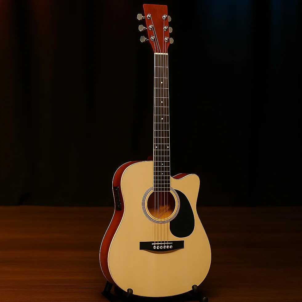BAKAJI Guitarra electroacústica de 41 pulgadas con funda, kit de repuesto de cuerdas, púas, cable para amplificador y correa, guitarra folk con forma de cutaway para adultos y principiantes (natural)