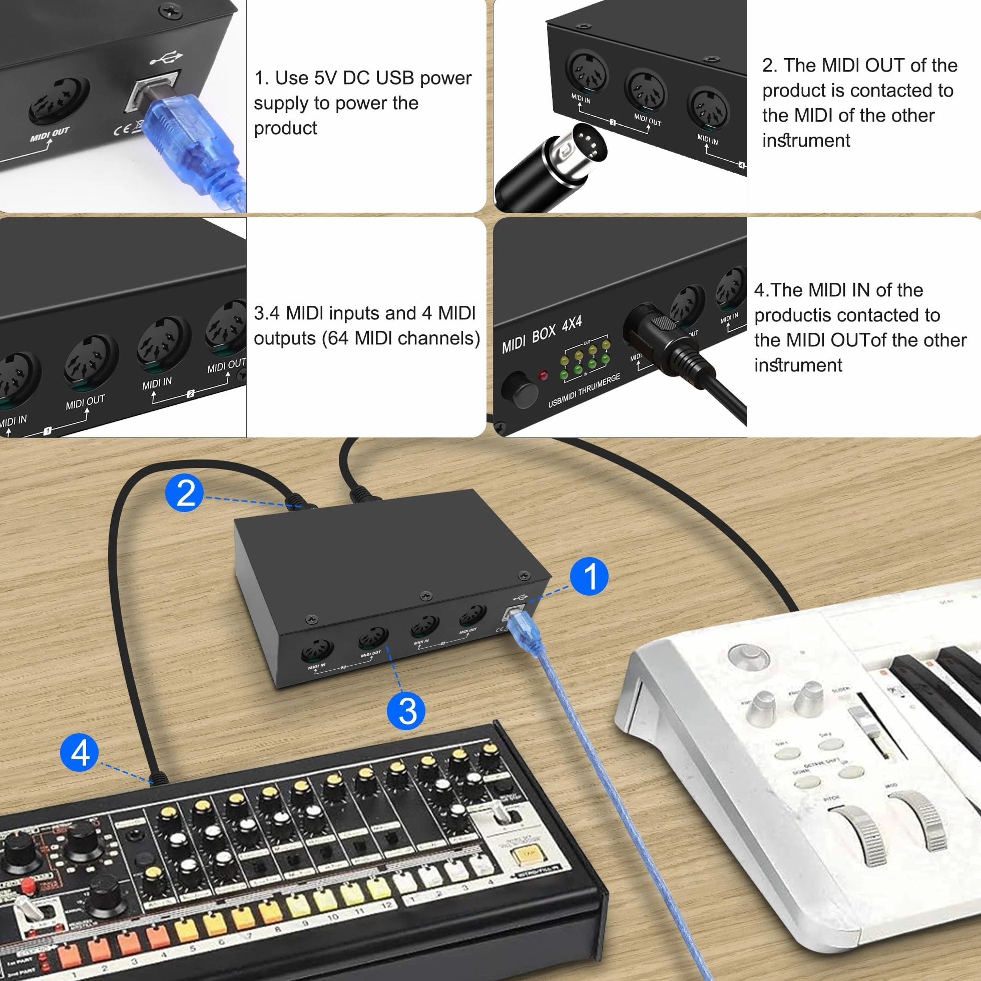 XMSJSIY Caja de interfaz USB MIDI 4 en 4 salidas 64 canales MIDI Thru Box 4 x 4 convertidor con enrutador Merge Splitter Thru Hub con indicadores LED para PC, Mac e instrumentos USB MIDI