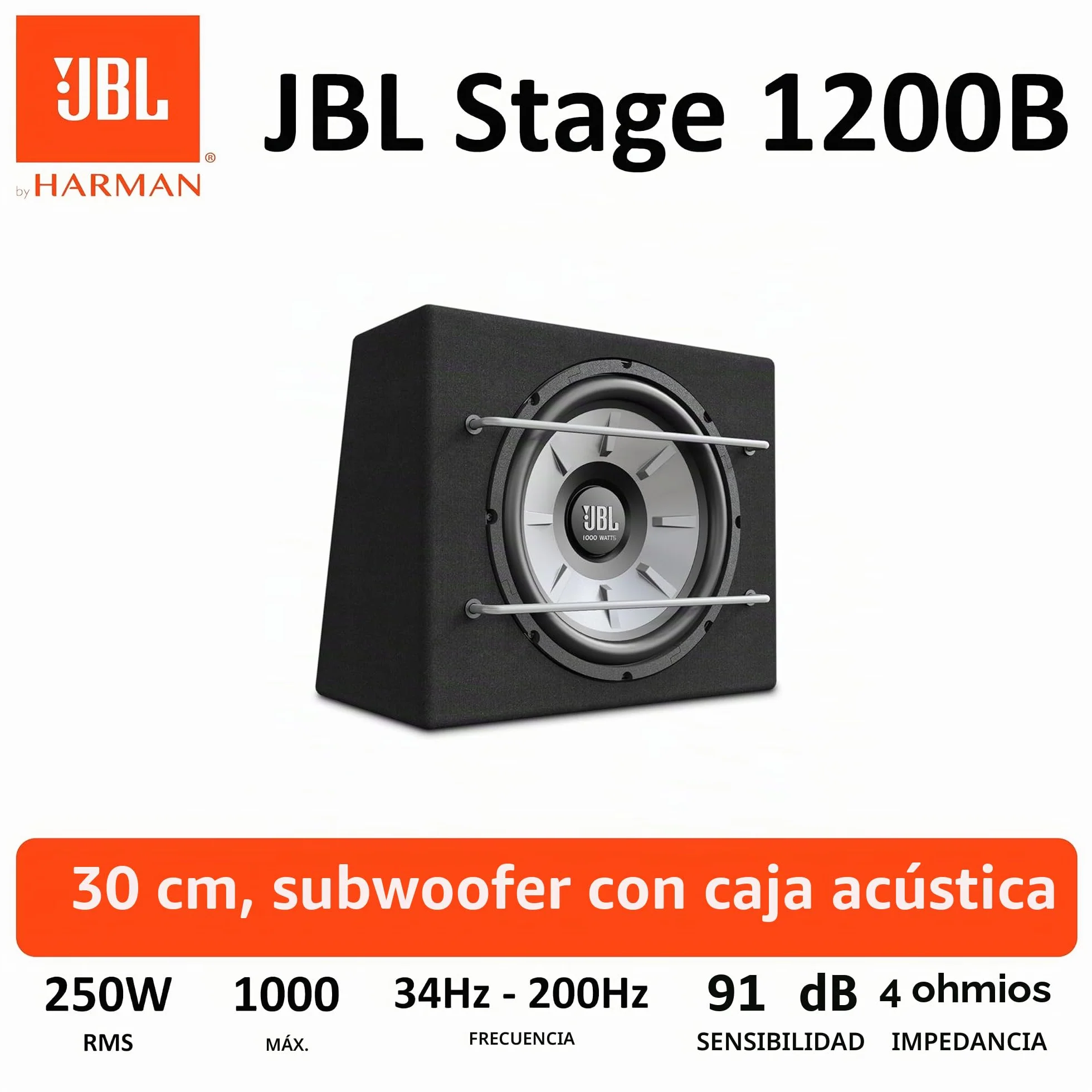 JBL Stage 1200B Subwoofer Coche - 1000 Watt Harman Kardon Car hifi - 12" JBL Bass Reflex Subwoofer con Carcasa