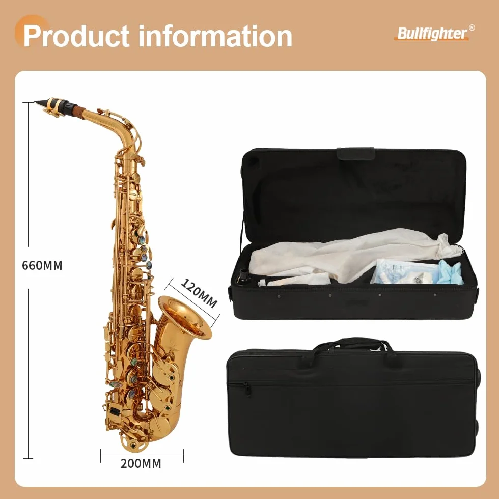 Bullfighter Saxofón alto lacado dorado de cobre con funda rígida, correa, guantes, paño de limpieza, cepillo de limpieza, boquilla de repuesto S-10 (dorado)