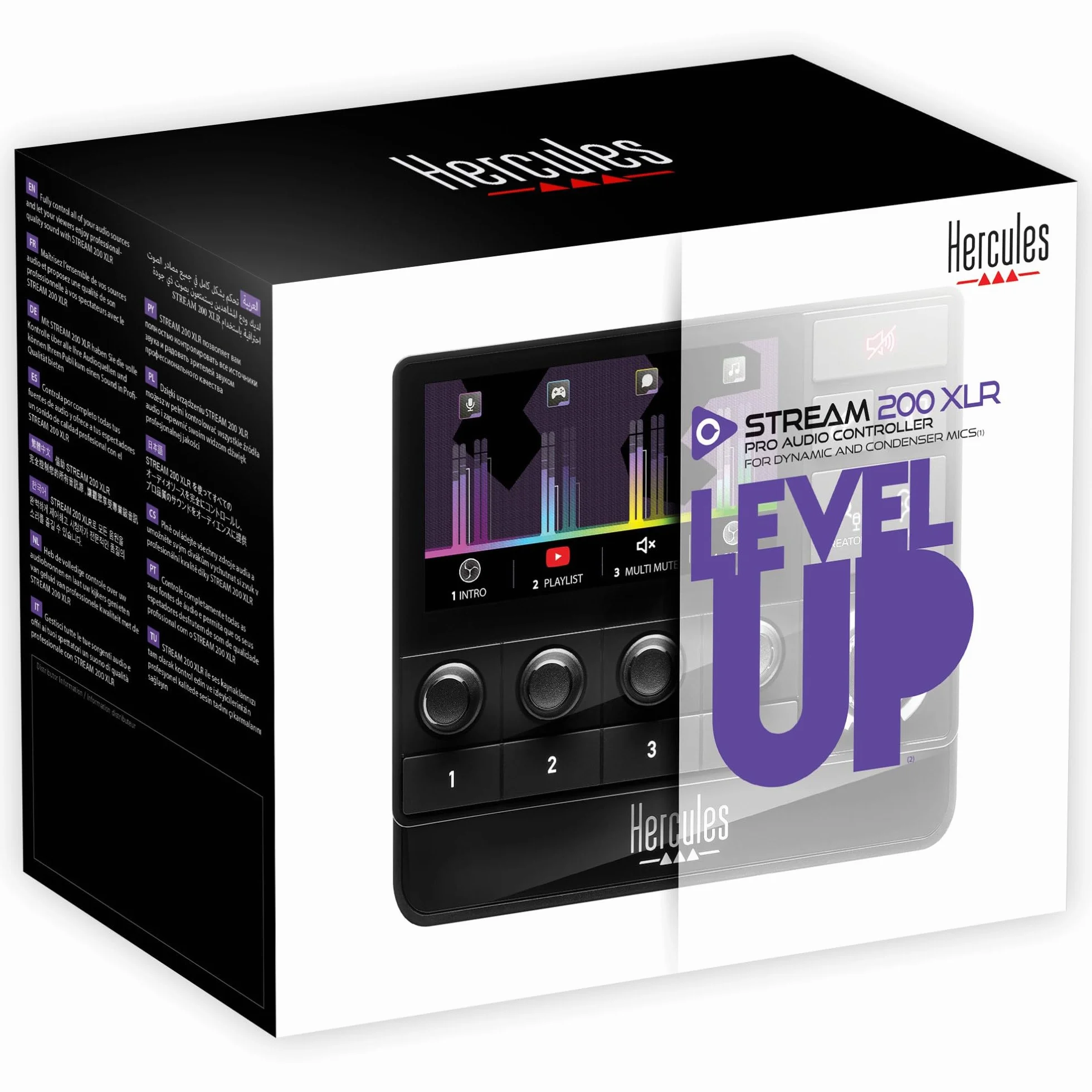 Hercules Stream 200 XLR - Mezclador de Audio y Tarjeta de Sonido para Streaming (Entrada XLR Profesional, Pantalla LCD, Control de Mezcla Dual para Público/DJ, PC Windows) Negro