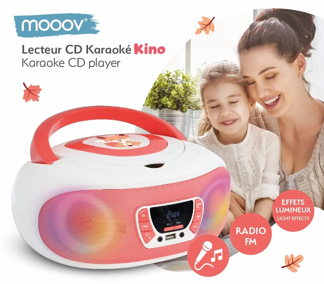 Mooov 477409 - Radio CD FM, Efectos Luminosos, función inalámbrica, USB, Pantalla LED, función Karaoke con Micro AUX-IN, Blanco y Rosa
