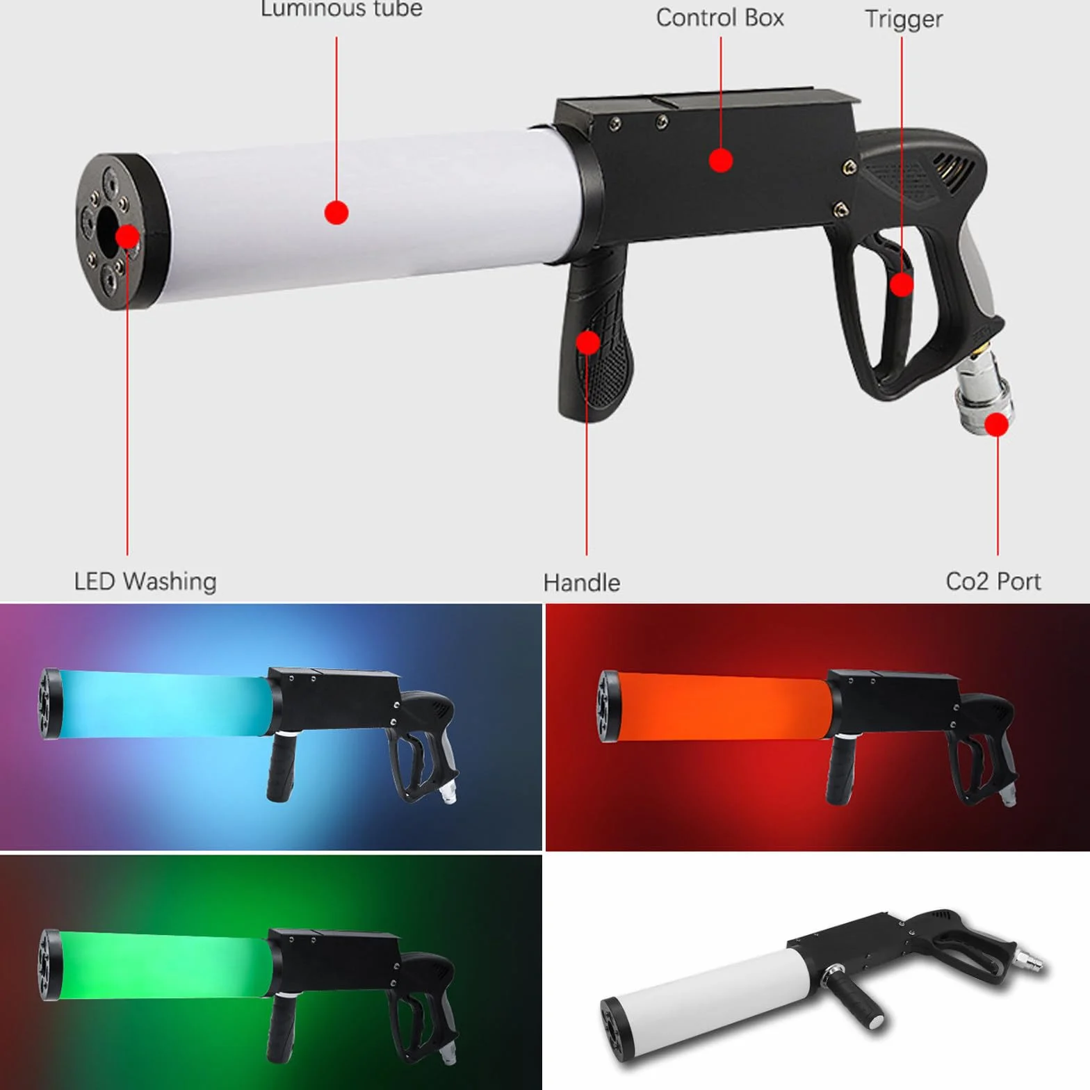 Máquina de chorro de CO2 RGB Máquina de niebla de CO2 CO2 Led Gun Club Bar Efectos de DJ Pistola de humo Pistola de niebla para fiesta Discoteca Columna de gas de dióxido de carbono Pistola 8-10M