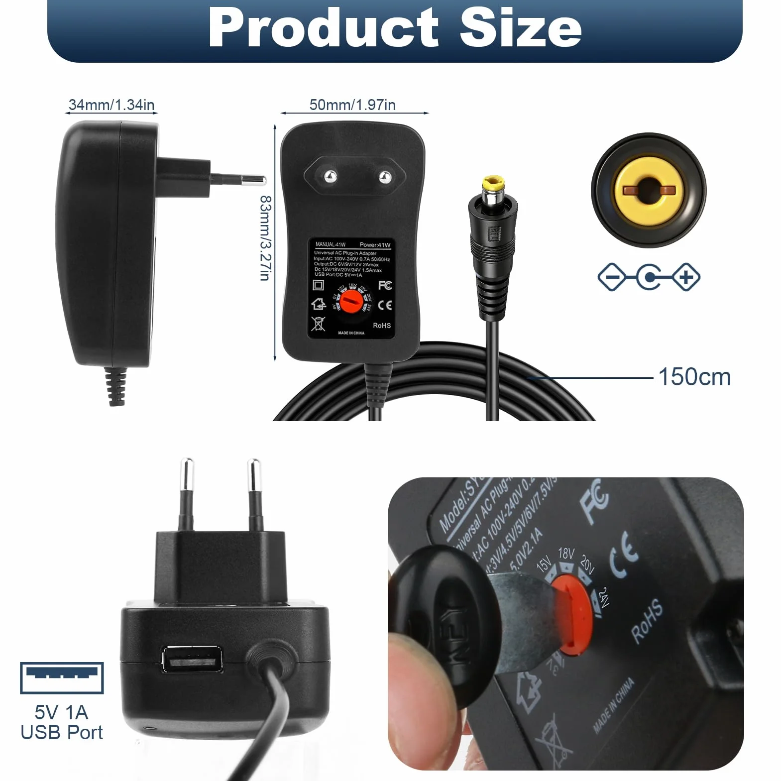 41W Adaptador de Corriente Universal 6V 9V 12V 15V 18V 20V 24V, Cargador Universal con 10 Puntas DC, Fuente de Alimentación Regulable para Router, Monitor LCD, Cámara