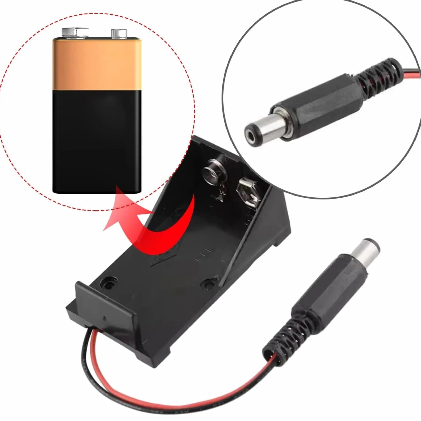 Portapilas Pila 9V, Portapila para Robótica, Portapila para arduino, Soporte de Batería 6LR61, Incluye Cable de 200mm, Voltaje Total: 9V, Conector DC 5.5 x 2.1 mm