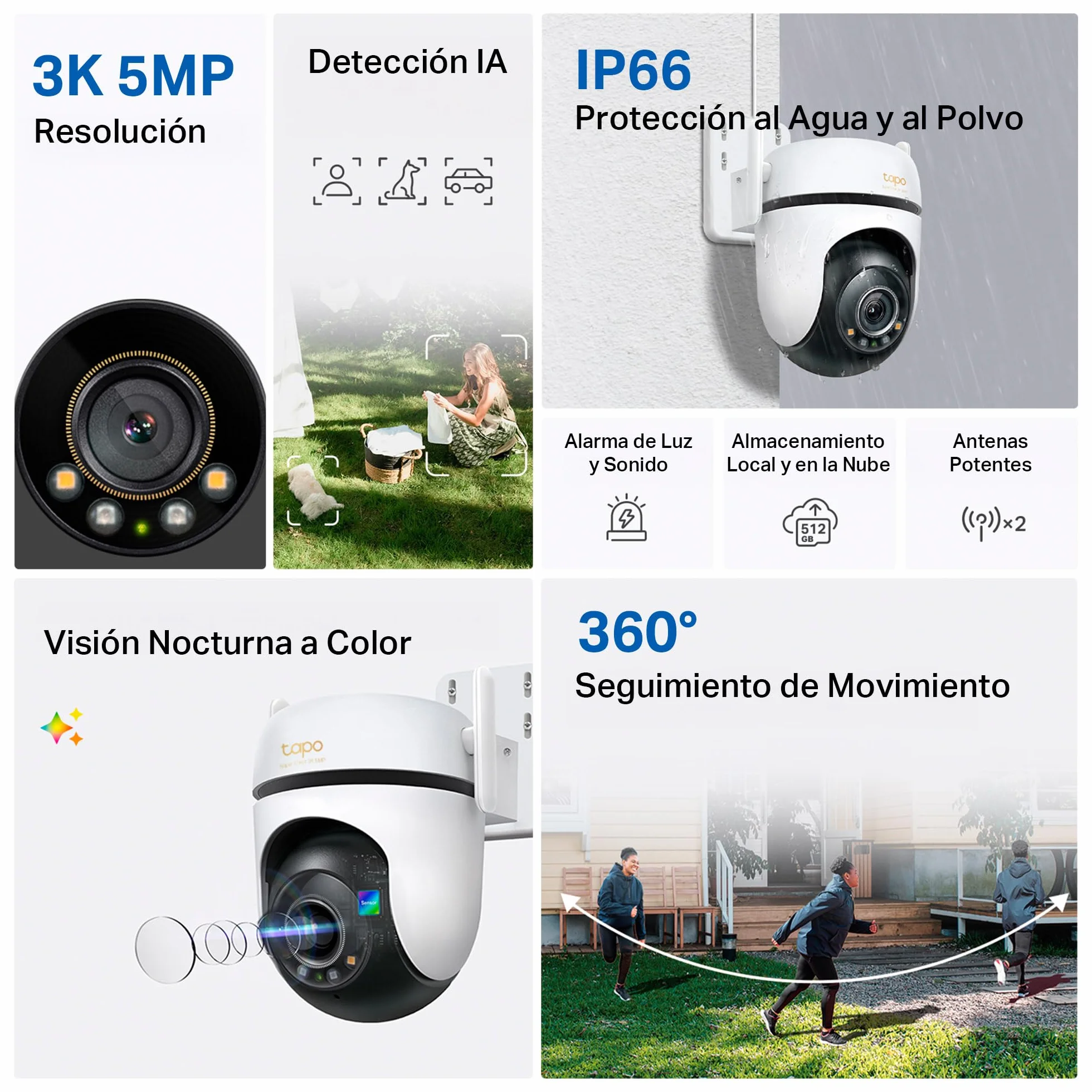 Tapo C530WS - Cámara Seguridad Exterior 360° 3K 5MP, Visión Nocturna Color, Resistencia IP66, Alarma Sonora/Luz, Detección AI, Almacenamiento Nube/SD 512GB, Audio Bidireccional
