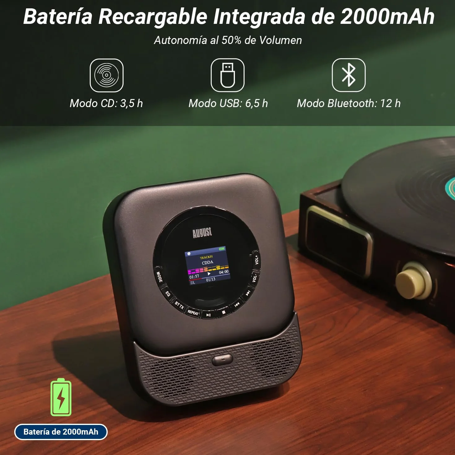 August SE15 Reproductor de CD Portátil con Bluetooth 5.3, USB, AUX In/out, Leitor CD Altavoces Estéreo 6W, Recargable Lector CD, EQ, Antigolpes, Repetición, Montaje en Pared, Auriculares y Mando