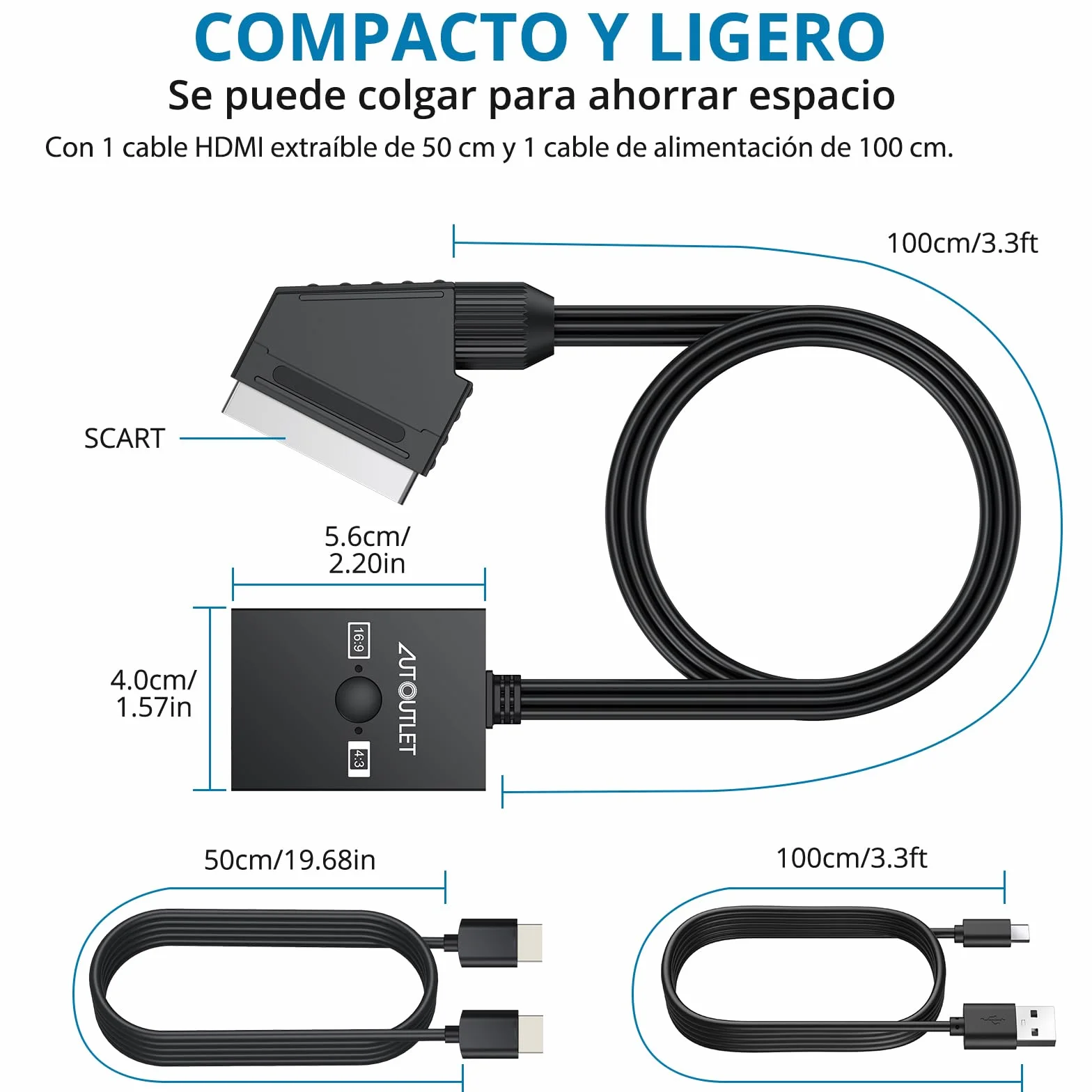 AUTOUTLET Adaptador Scart a HDMI, 16:9/4:3, Convertidor Euroconector a HDMI Conversión 1080P Compuesto CVBS AV A HDMI Video Audio Converter con Cable HDMI PAL/NTSC, para Reproductor de VCR, VHS y DVD