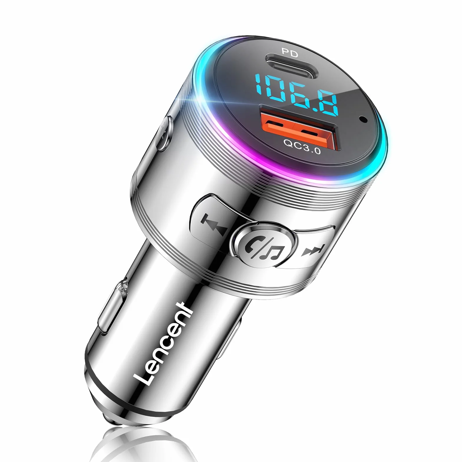 LENCENT Transmisor FM Bluetooth Coche 5.3, Cargador Coche Rápido, PD 30W + QC3.0, Música Alta Fidelidad con Cancelación Ruido, Soporte Llamadas Manos Libres & Asistente de Voz, Totalmente Metálica