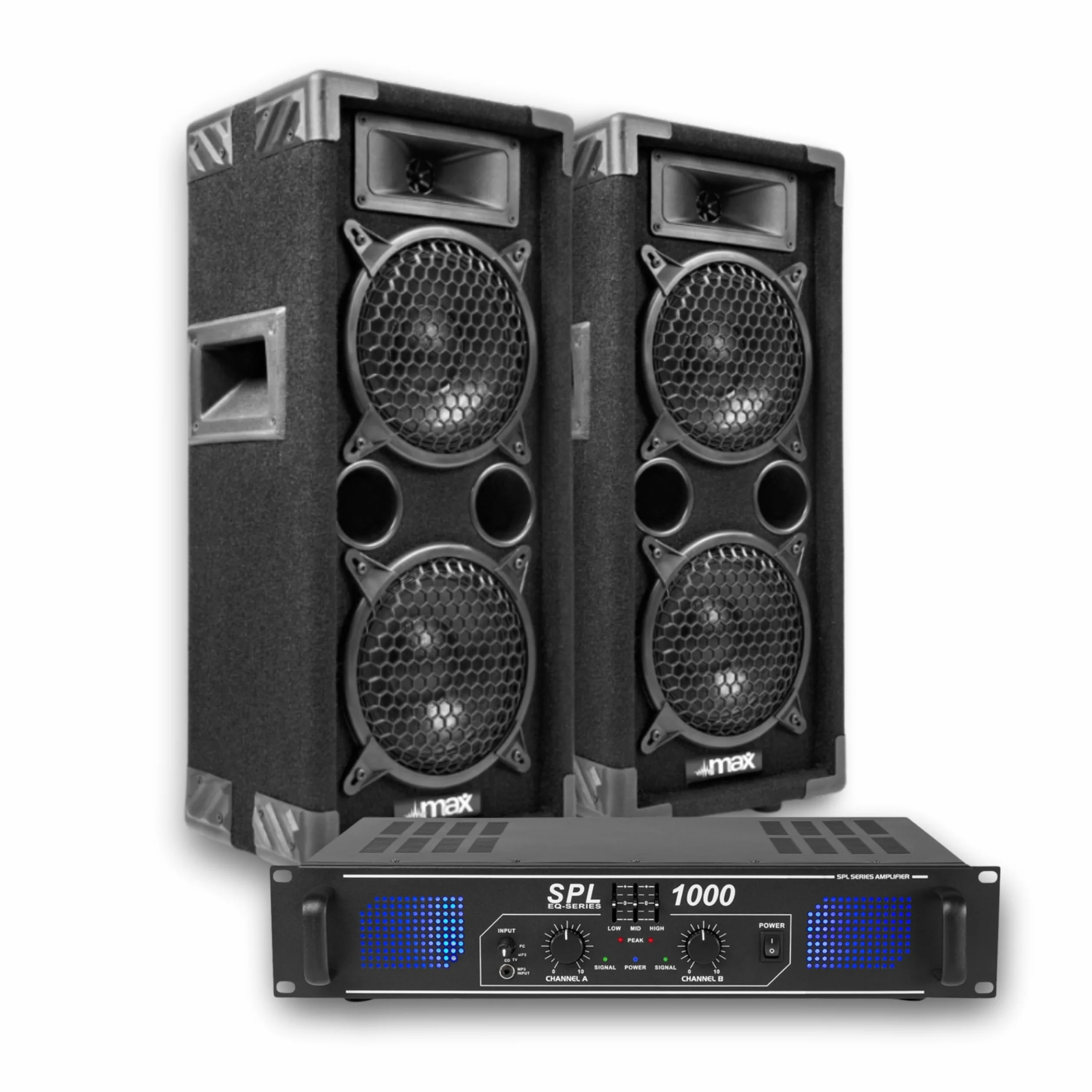 Max MAX28 - Pack de Altavoces para DJ, Incluye Amplificador, Amplificador de 1000 vatios, 2 Altavoces con Amplificador MAX28, Altavoces para Discoteca PA, Sistema de Altavoces para Discoteca DJ